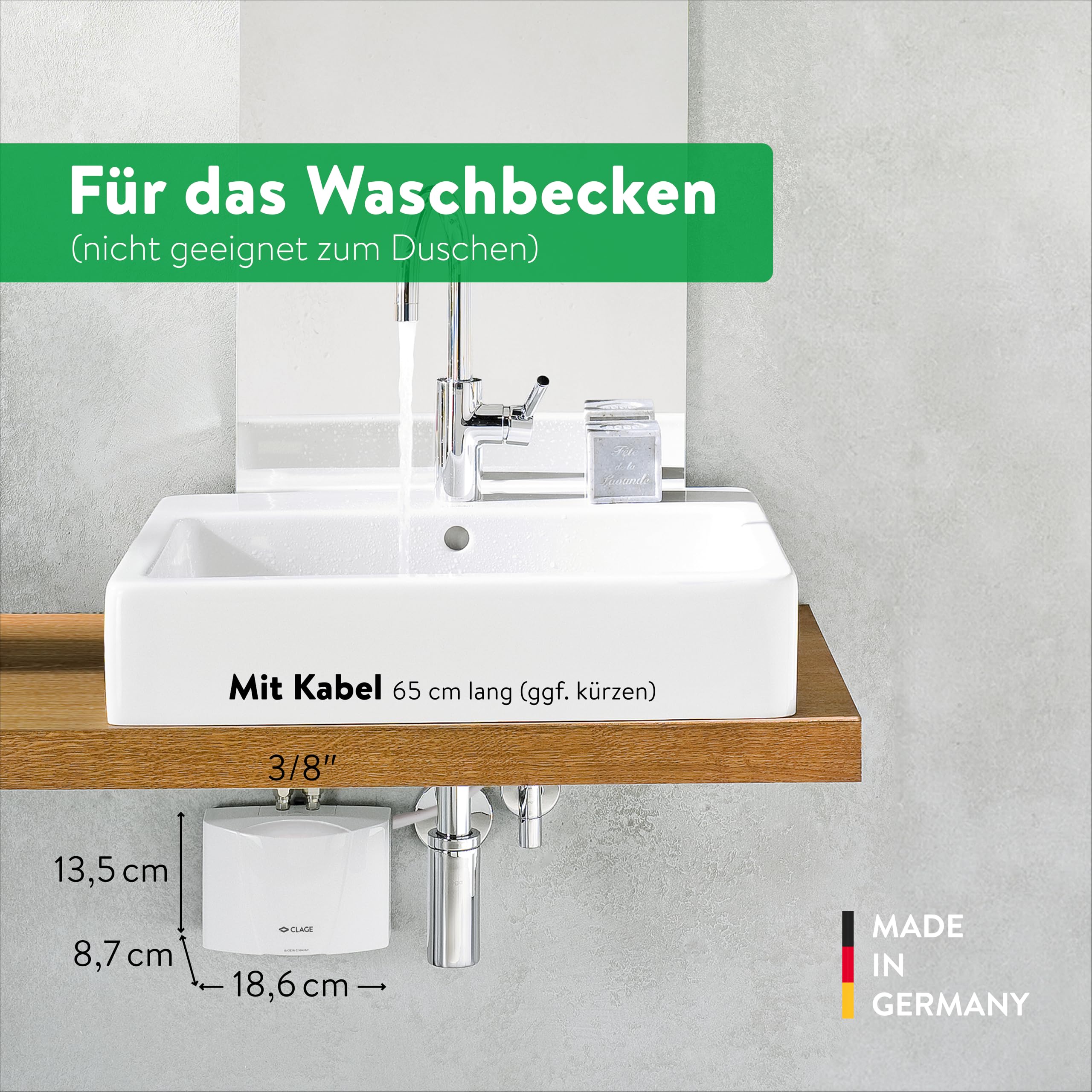 CLAGE MBH4 hydraulischer Klein-Durchlauferhitzer fürs Handwaschbecken, 4,4 kW, mit Stecker, druckfest + drucklos, VDE-GS geprüft, 1500-16004