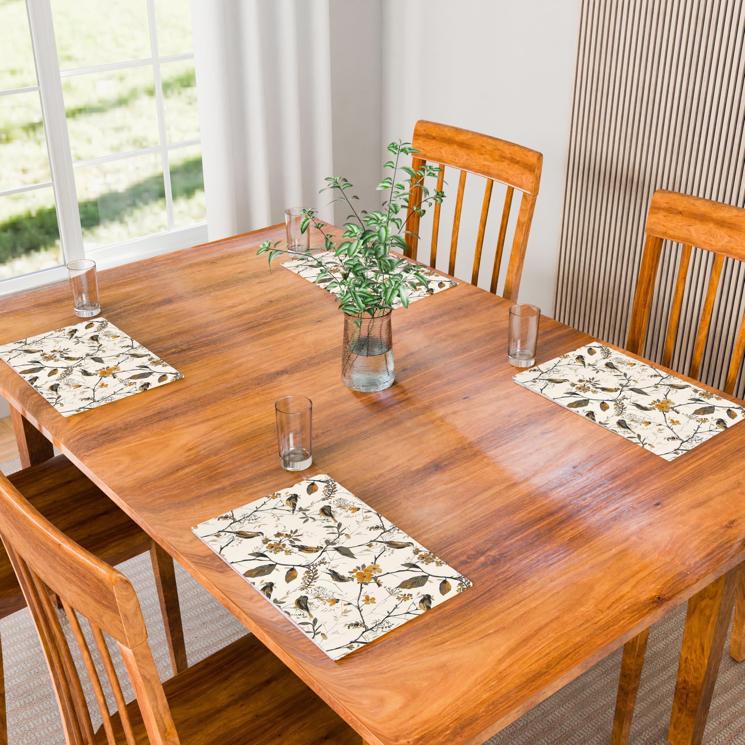 LINENWALAS 100% Cotton Canvas Decorative Table Placemats 14x19 Inches, Dining Table Placemats Set of 6, Modern Mats for Heat Resistant and washable (Birdie Bliss)