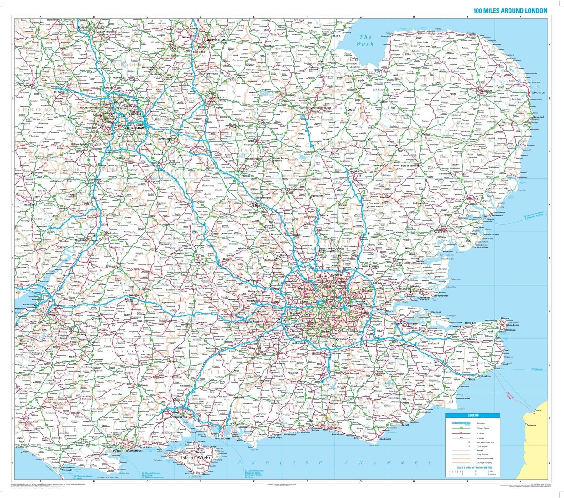 London Wall Map - Radius 100 Miles Around London