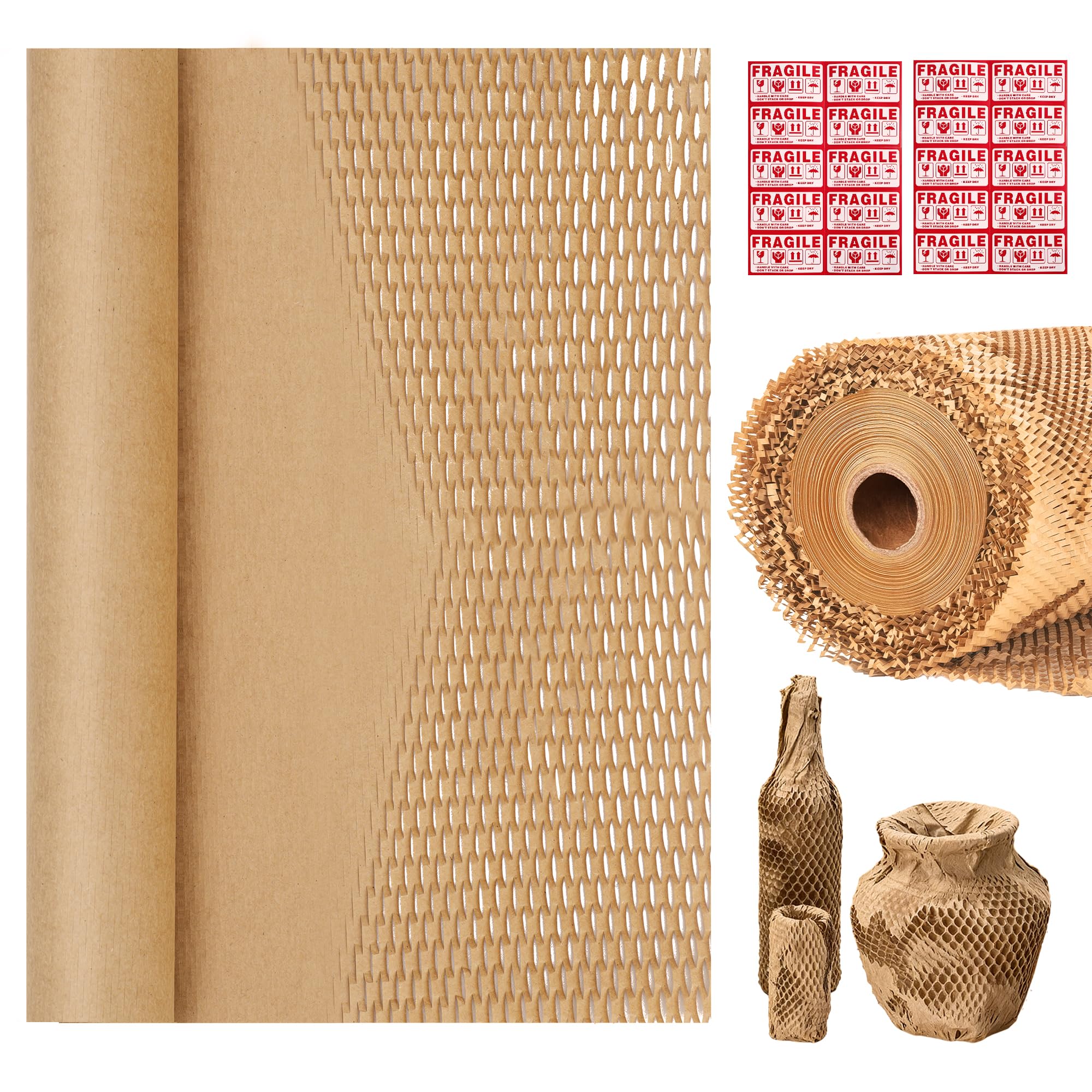 Tera Honingraatpapier, verpakkingsmateriaal, rol, kraftpapier: 30 cm × 30 m, 80 g/m², met 20 fragiele stickers, 1,6 × rekbaar, milieuvriendelijk, recyclebaar, biologisch afbreekbaar, verpakking papier