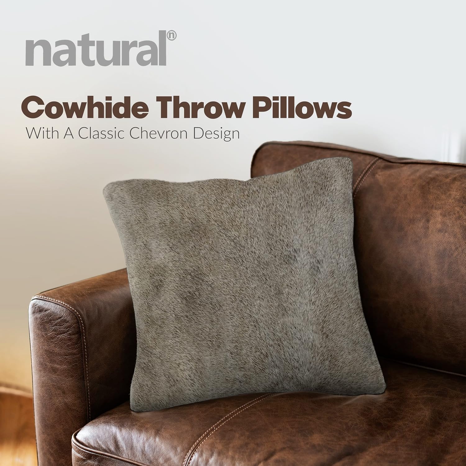 Natural Torino Cowhide Throw Pillows with Poly Insert | Accent Pillows Handcrafted from 100% Cow Hide, Grey, 18 in x 18 in