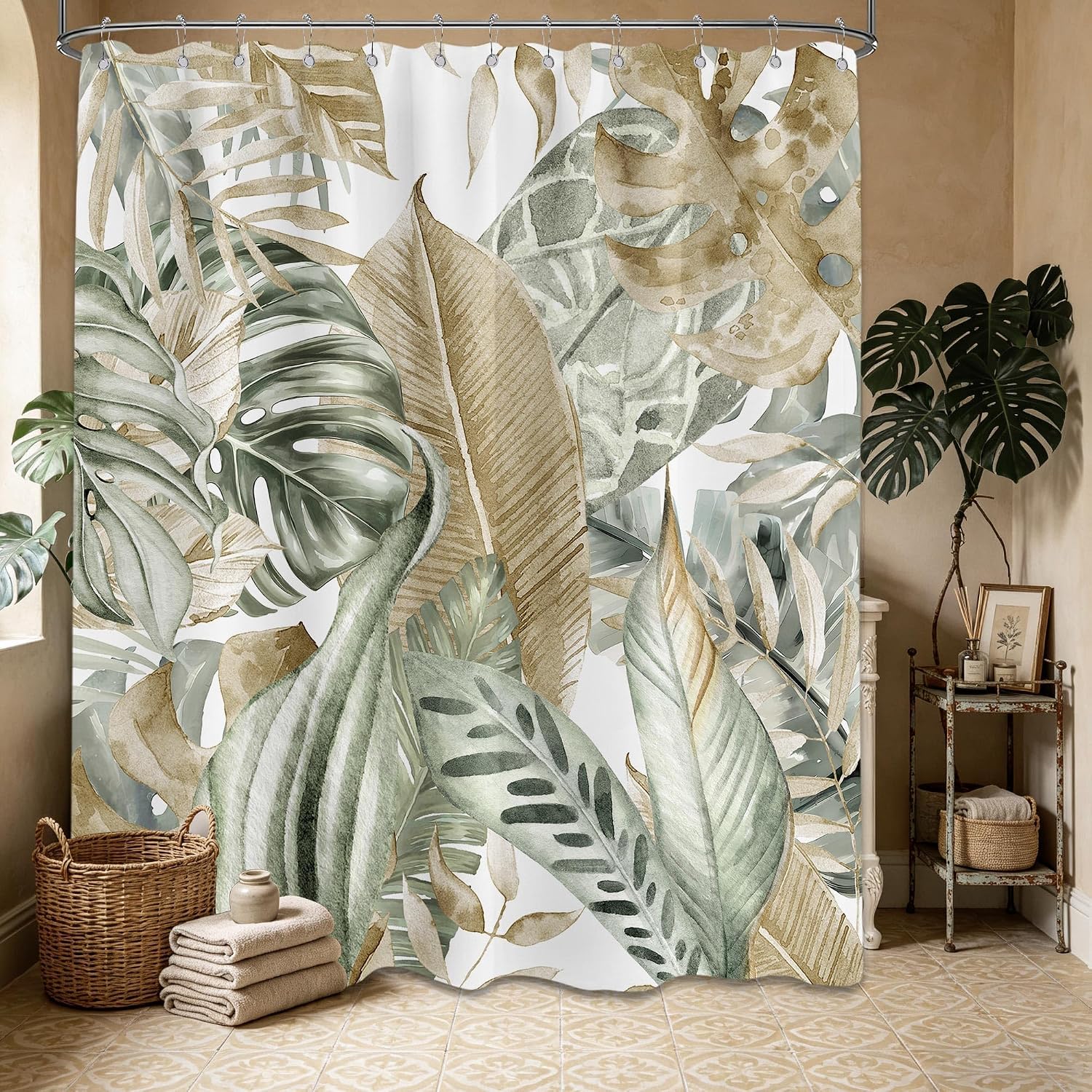 Sage and Tan Shower Curtain, 72x72 in, Monstera Palm Tree Leaf image 2