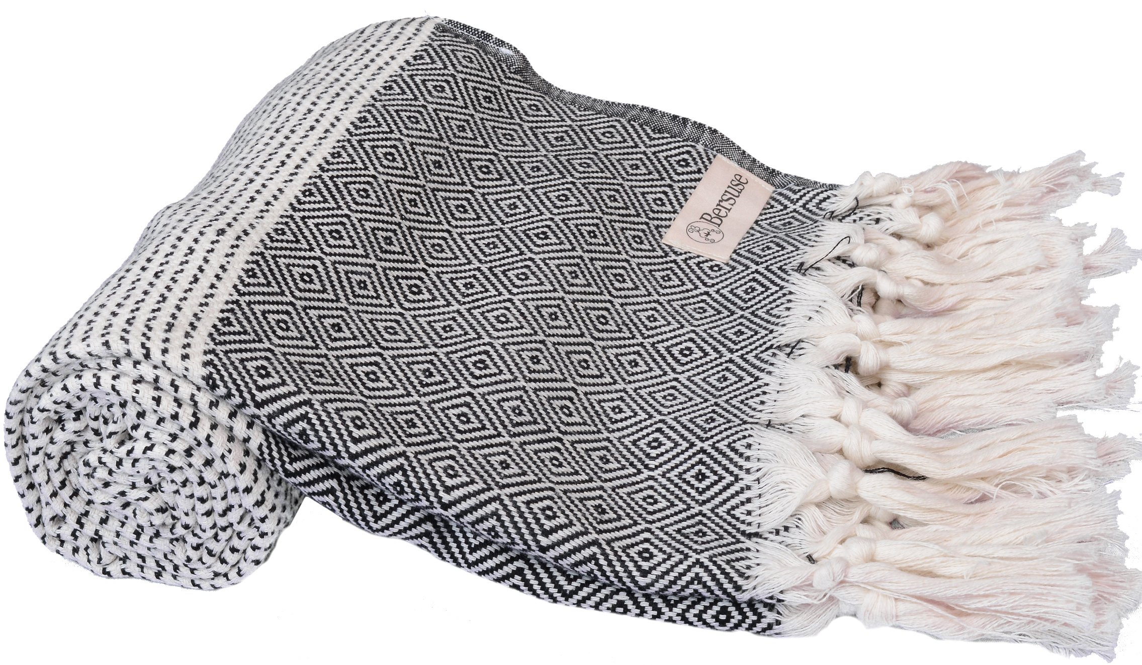 Bersuse 100% Cotton Hierapolis Turkish Towel Bath Towel Beach Towel Pool Towel - Beach Essentials for Your Beach Bag - 37x70 Inches, Black (Set of 3)