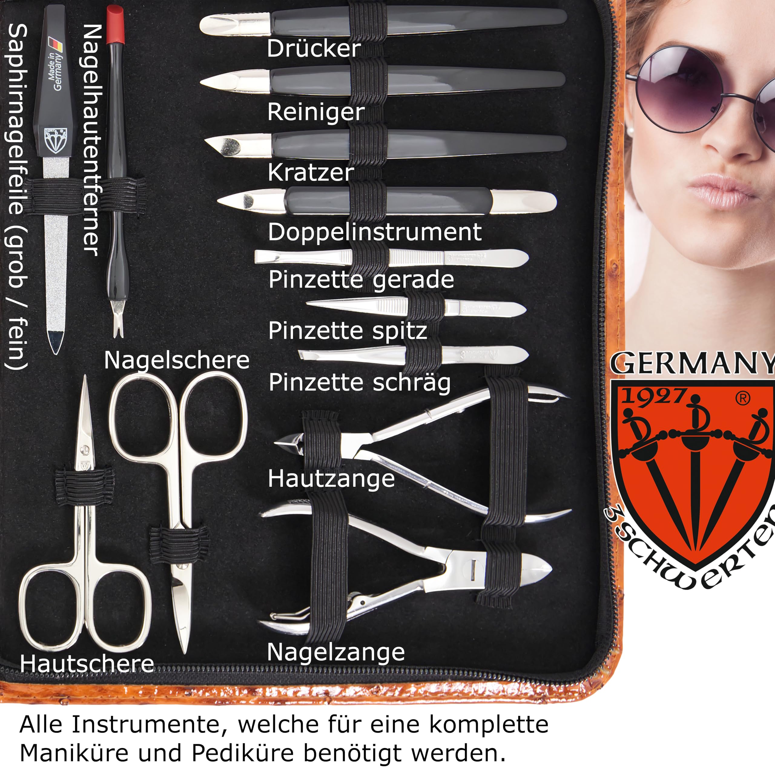 DREI SCHWERTER - Germany Varese - Estuche de uñas (23 piezas, todo en uno) | Juego de uñas de manicura en estuche de piel sintética con aspecto de avestruz | Contenido: tijeras para uñas, alicates,