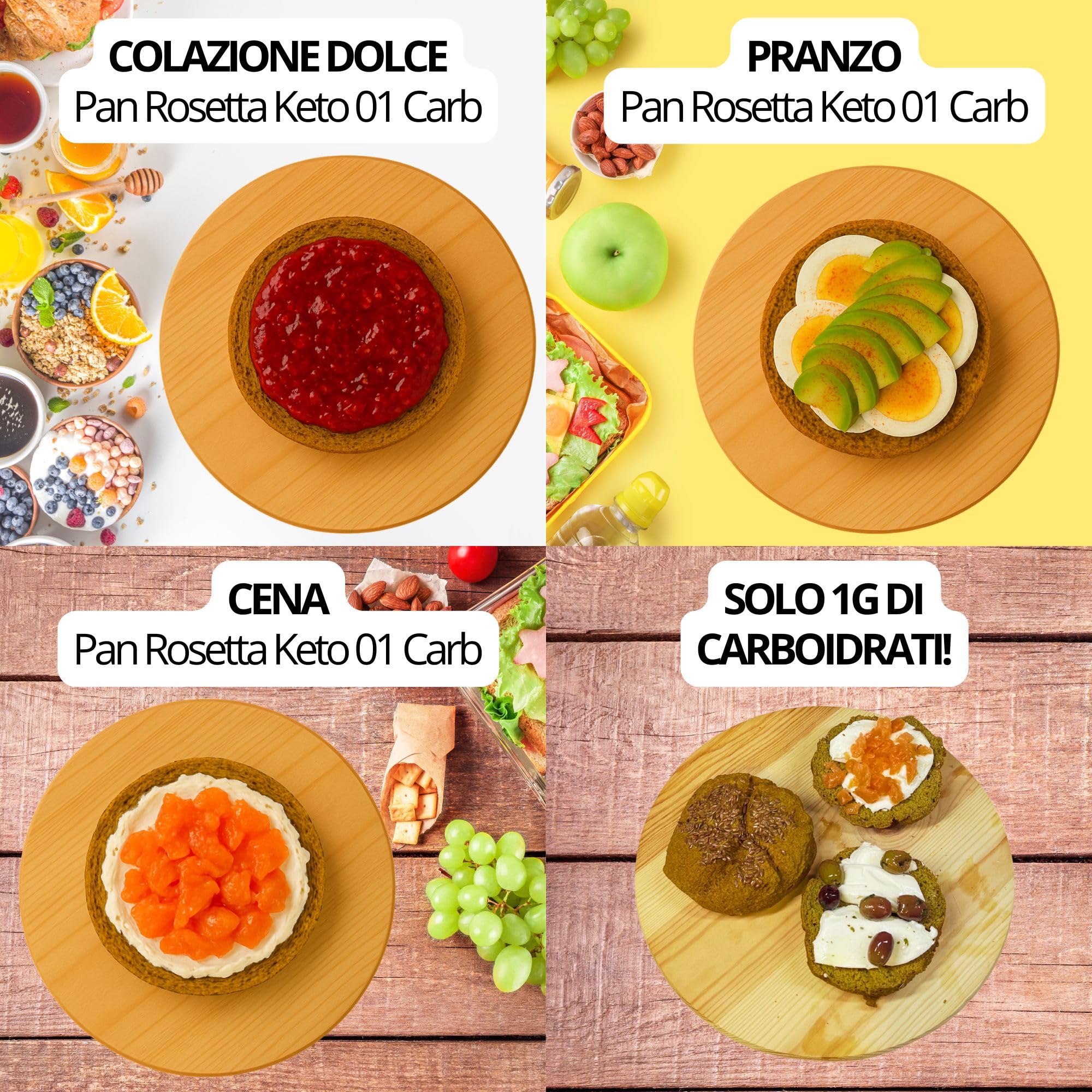 Pane KETO 01 CARB, il 1° Pane con 1g di Carboidrati, 4 Confezioni di 3 Pan Rosette da 120g