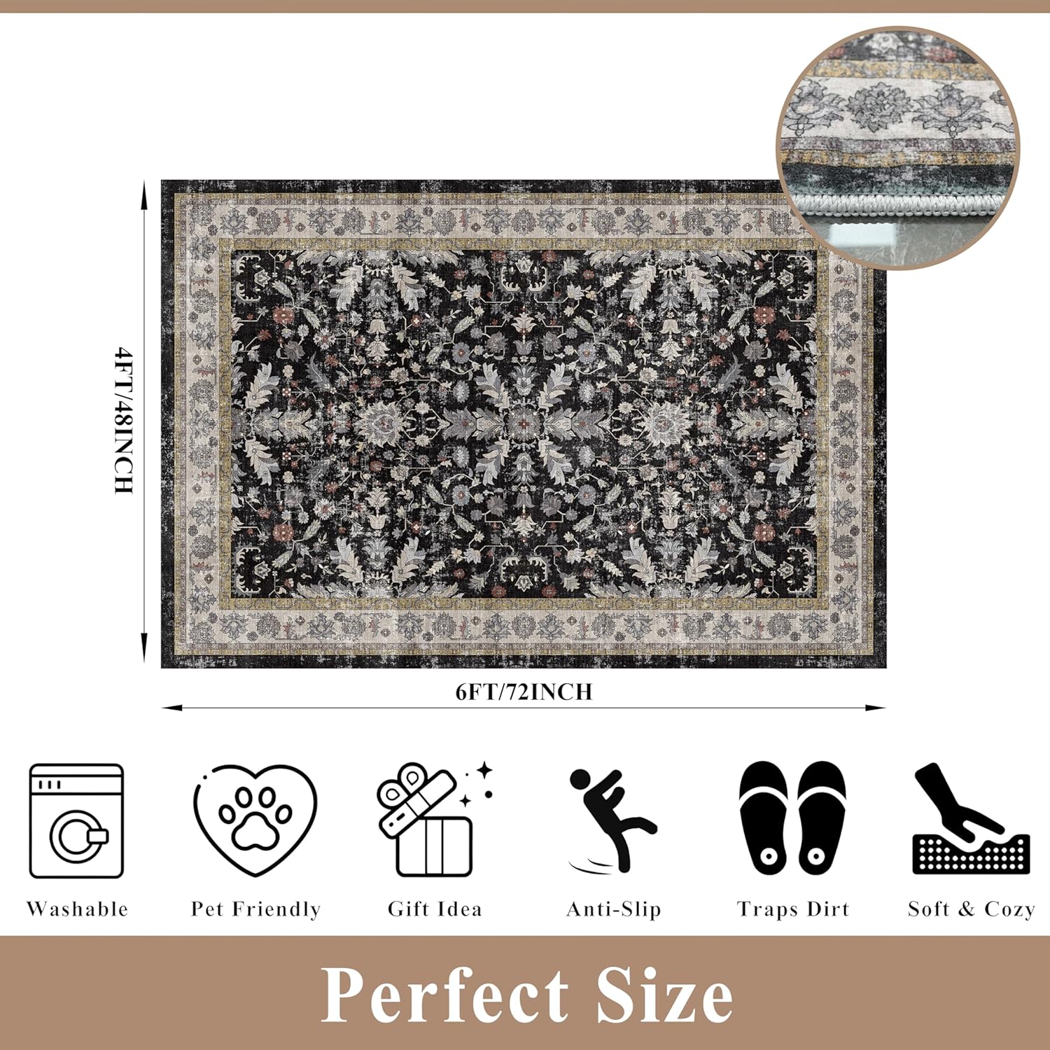 4x6 Kitchen Rug Non-Slip Washable – Boho Vintage Low-Pile Soft Area Carpet for Entryway, Bedroom, Living Room – Stain-Resistant Thin Indoor Rug for Families and Pet Owners (Black, 4x6)