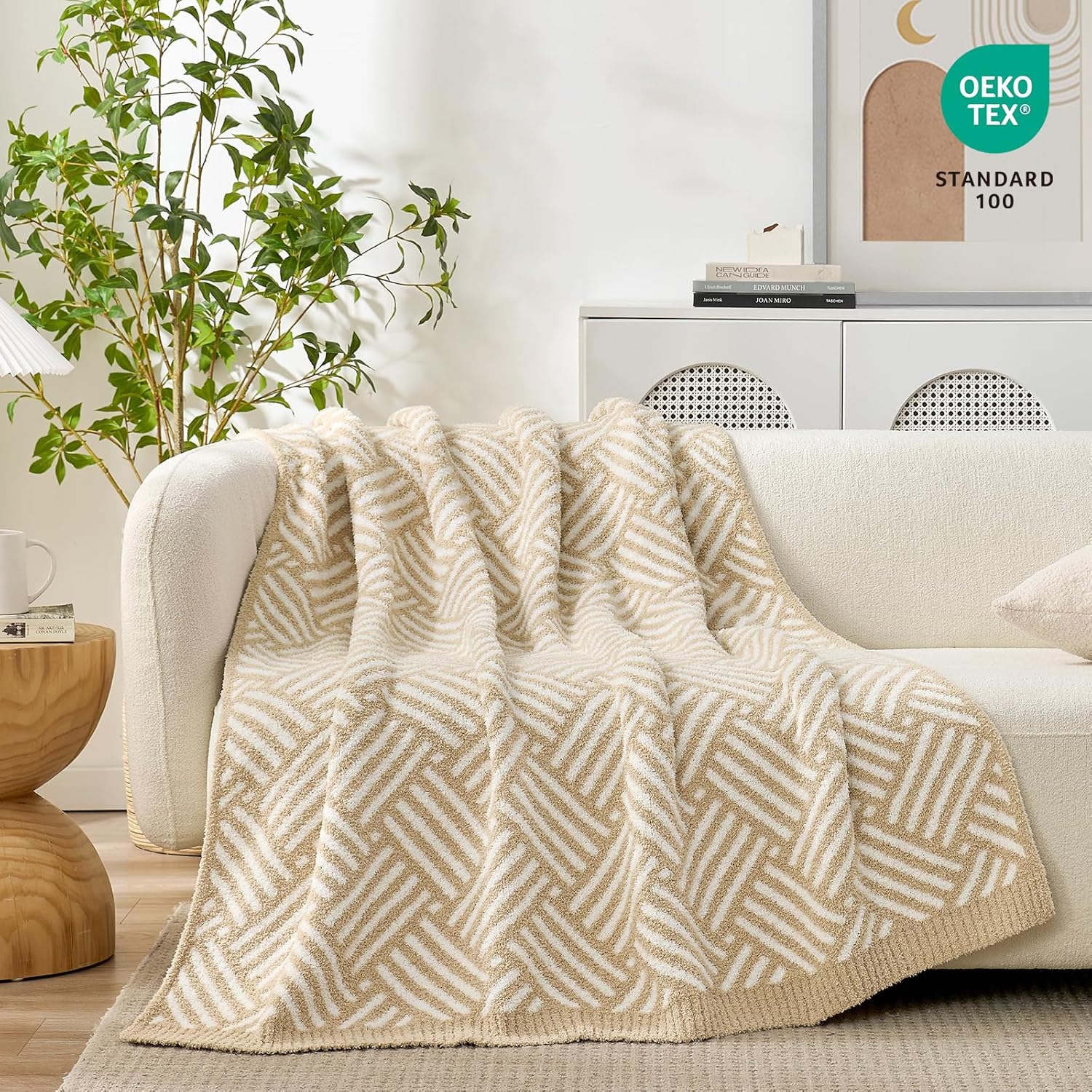 Snuggle Sac Ultra Soft Boho Throw Blanket for Couch Sofa Bed 50x60 inches, Reversible Beige Striped Blanket Microfiber Fluffy Fuzzy Cozy Knit Soft Throws Birthday Gifts for Women - Image 2