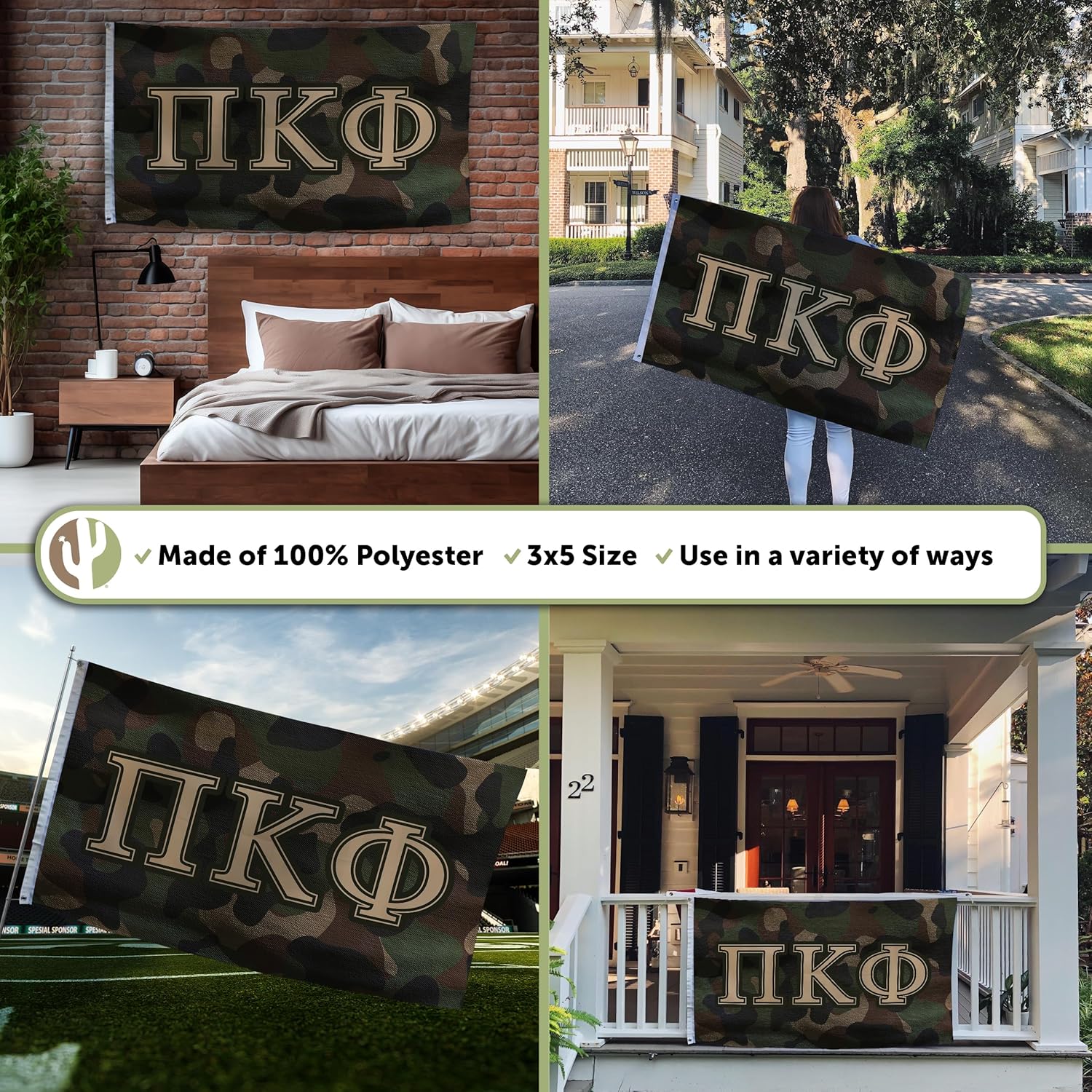 Desert Cactus Pi Kappa Phi Camo Letter Fraternity Flag Banner 3 feet x 5 Sign Decor Kapp (Flag - Camo)
