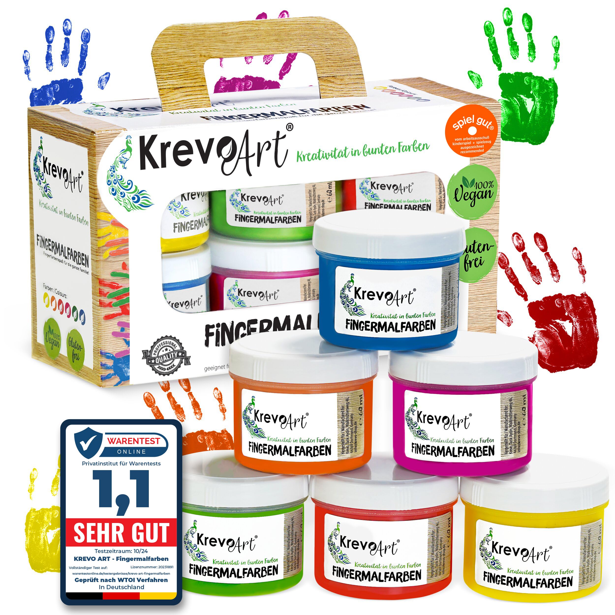Krevo Art Fingermalfarben – ungiftige & auswaschbare Fingerfarben für Kinder ab 2 Jahre, 6 leuchtende Farben je 60ml, vegan & geruchlos – inkl. kreativer Malvorlagen für extra Malspaß!