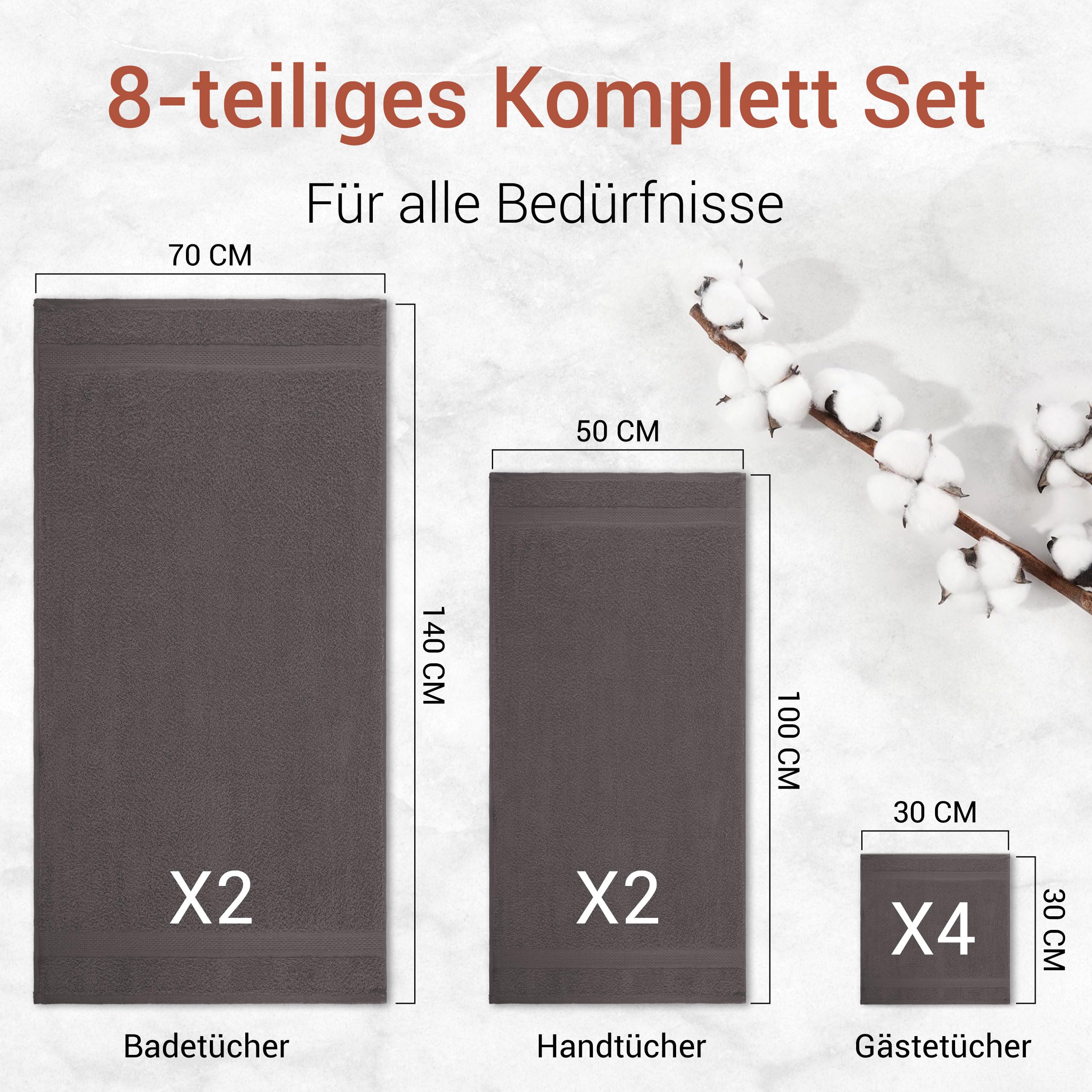8-teiliges Handtuch Set 100% Baumwolle Oeko Tex 100 50x100cm Badetücher Waschlappen