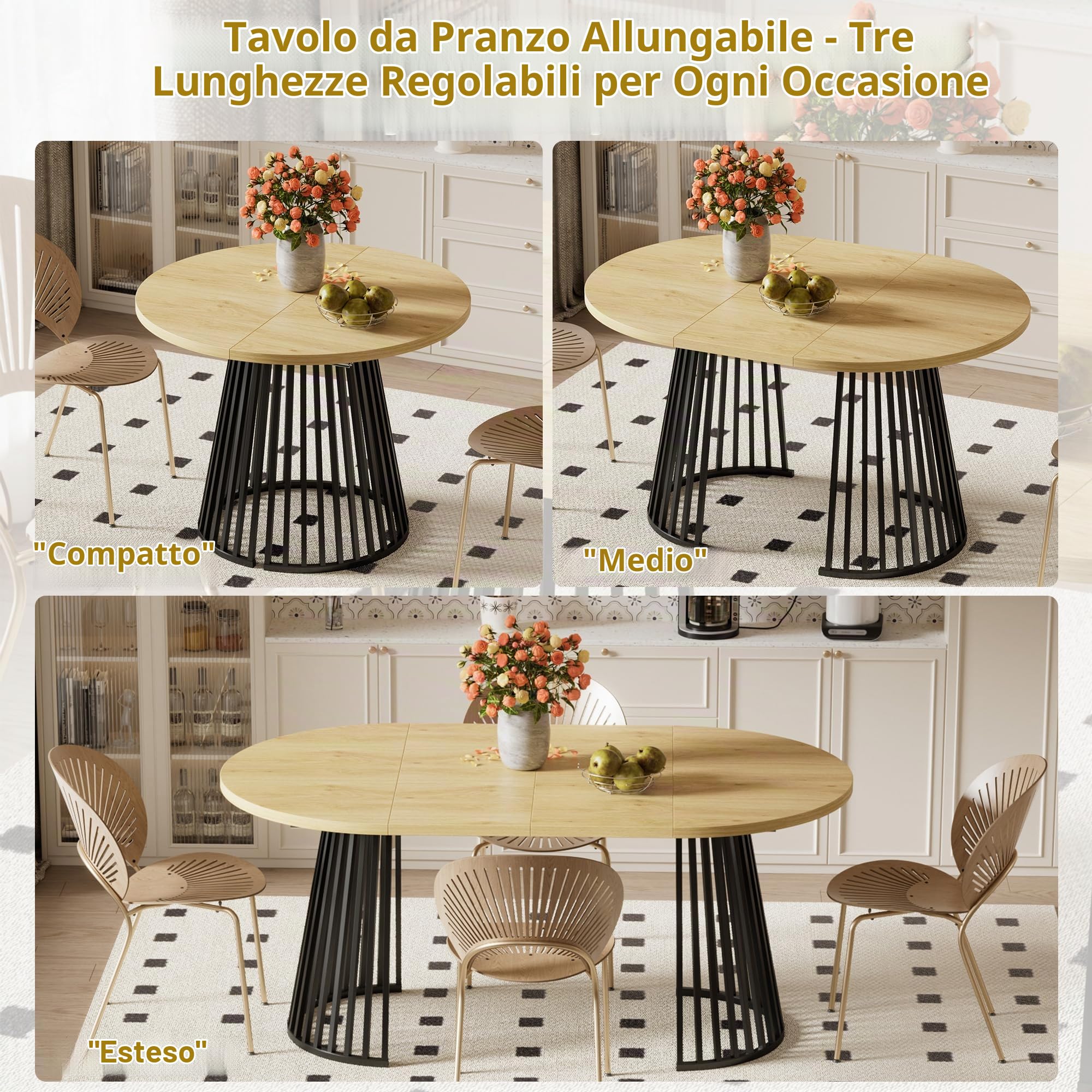 Tavolo Allungabile Ovale,Tavolo da Pranzo Rotondo Allungabile Adatto per 4-8 Persone,Tavolo da Pranzo Rotondo in Legno con Gambe in Metallo per Cucina o Soggiorno,100-180x100x75CM,Spedito in 2 Pacchi