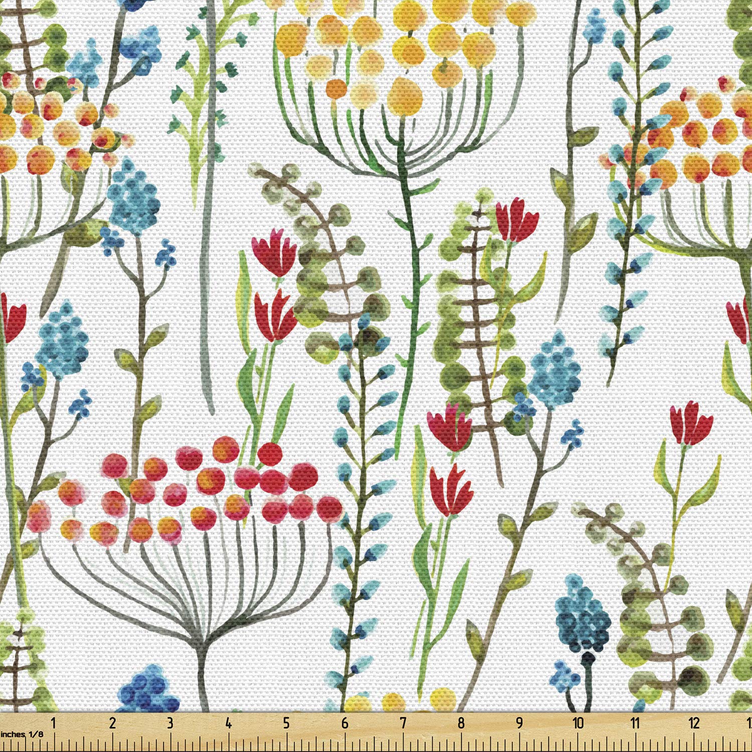 Lunarable Floral Fabric by The Yard, Hand Drawn Doodle Style Flowers Blossoms in Watercolors Natural Botanical Garden Art, Decorative Fabric for Upholstery and Home Accents, 3 Yards, Magenta Yellow