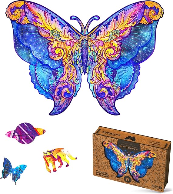 UNIDRAGON Original Wooden Jigsaw Puzzle - Intergalaxy Butterfly, 108 pcs, Small 9"x6.7", Unique Animal Shaped Puzzle Box, Birthday Gift Idea for Kids, Adults, Girls, Boys, Family Game and Hobby