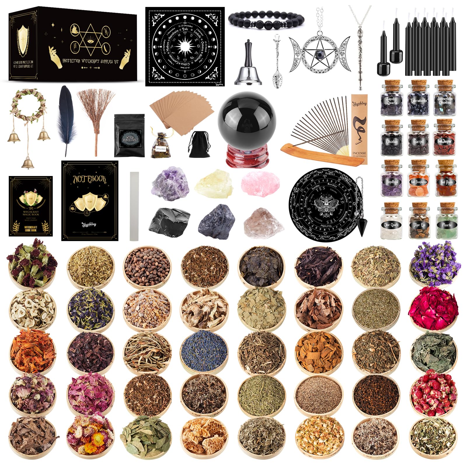 Sponsored Ad - Wiccan Supplies and Tools for Protection, 130Pack Witchcraft Supplies Witchy Gift for Beginners, Dried Herbs, Crystals, Candles, Witch Starter Spell Kit