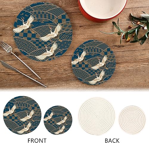 Miniatura 3 de Juego de 2 soportes para ollas de cocina con grúa blanca tradicional japonesa, juego único de salvamanteles de cuadrícula ondulada, 100 % algodón,