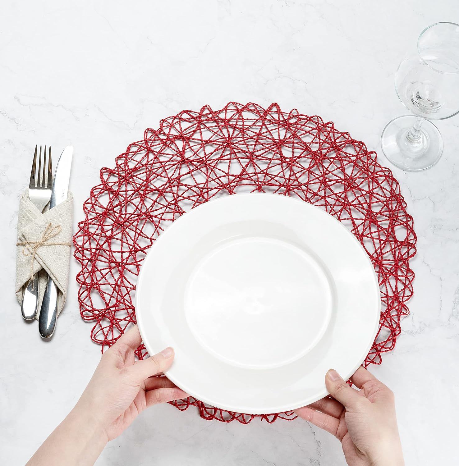 Restaurantware Spinweave 15 Inch Dining Table Placemats Set Of 6 Round Kitchen Table Mats - Semi-Disposable Handwoven Red Paper Circle Placemats Durable Table Mats For Holidays Or Weddings