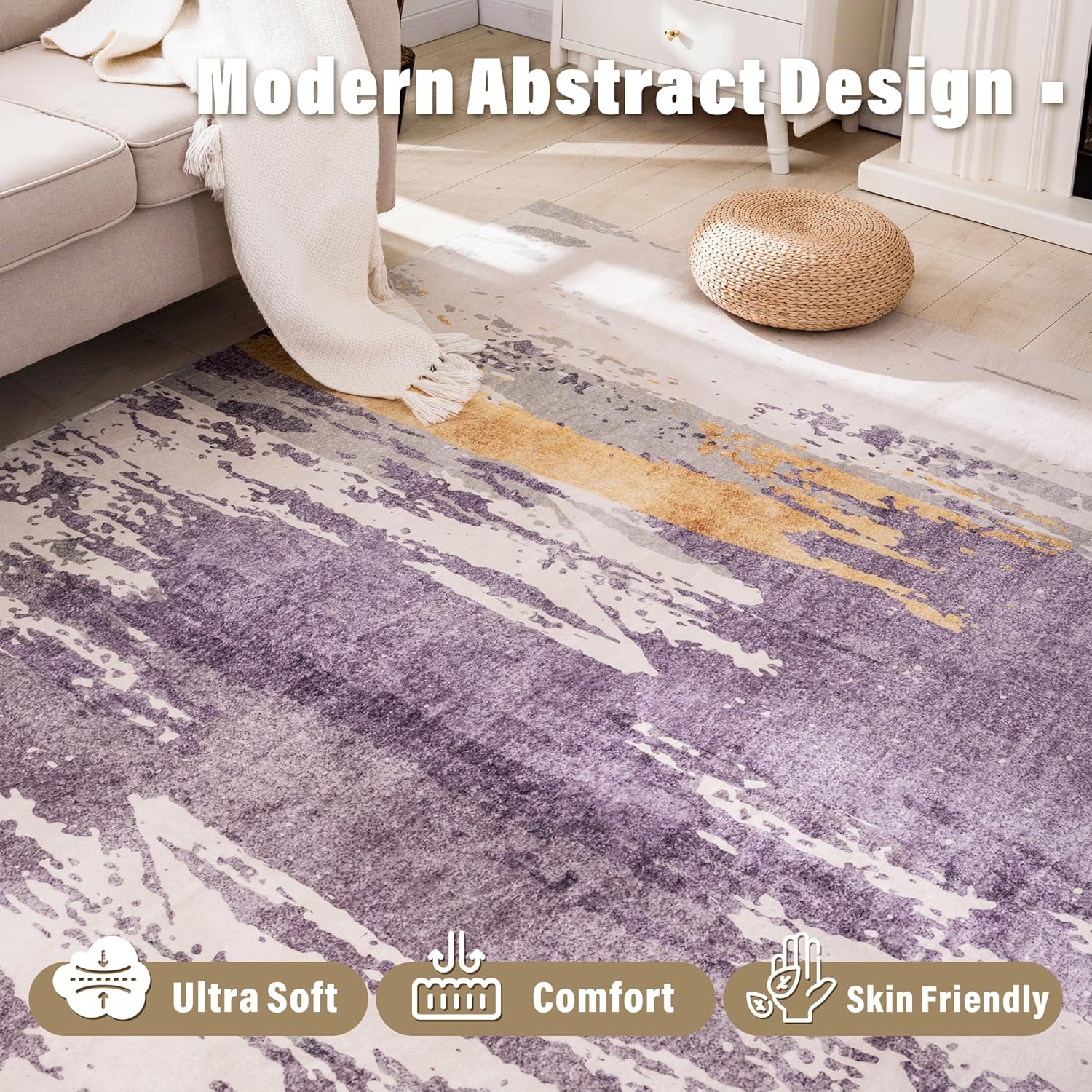 Carvapet 5x7 Large Purple Rugs for Living Room Bedroom, Washable Purple Modern Abstract Low Pile Carpet with Rubber Backing, Foldable, Non Slip Thin Area Rug, Ultra Soft