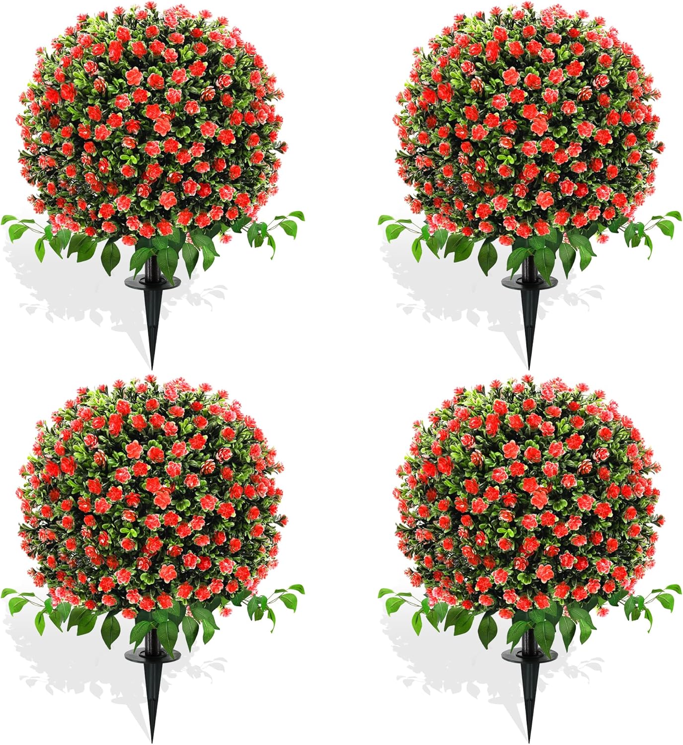 28" Artificial Boxwood Topiary Trees with Roses, 4 Pack Lifelike Evergreen Shrubs Featuring Ground Spike, Artificial Plants UV Protected for Year-Round Beauty in Indoor Outdoor Gardens and Porches