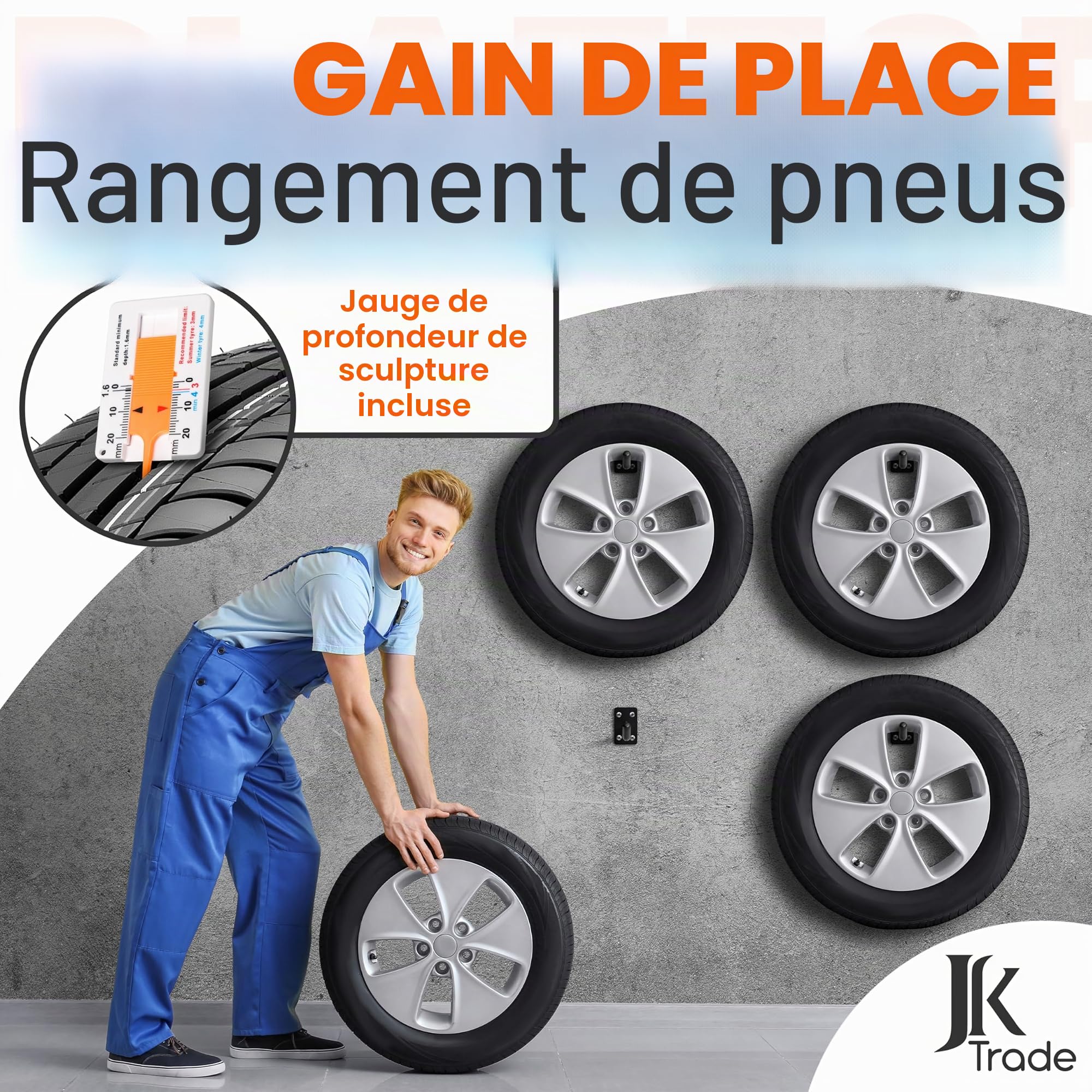 JK Trade® Lot de 4 supports muraux pour pneus de voiture avec vis et chevilles, protège-jantes, crochets muraux à visser pour pneus de voiture, équipements de jardin, jantes en aluminium, capacité de
