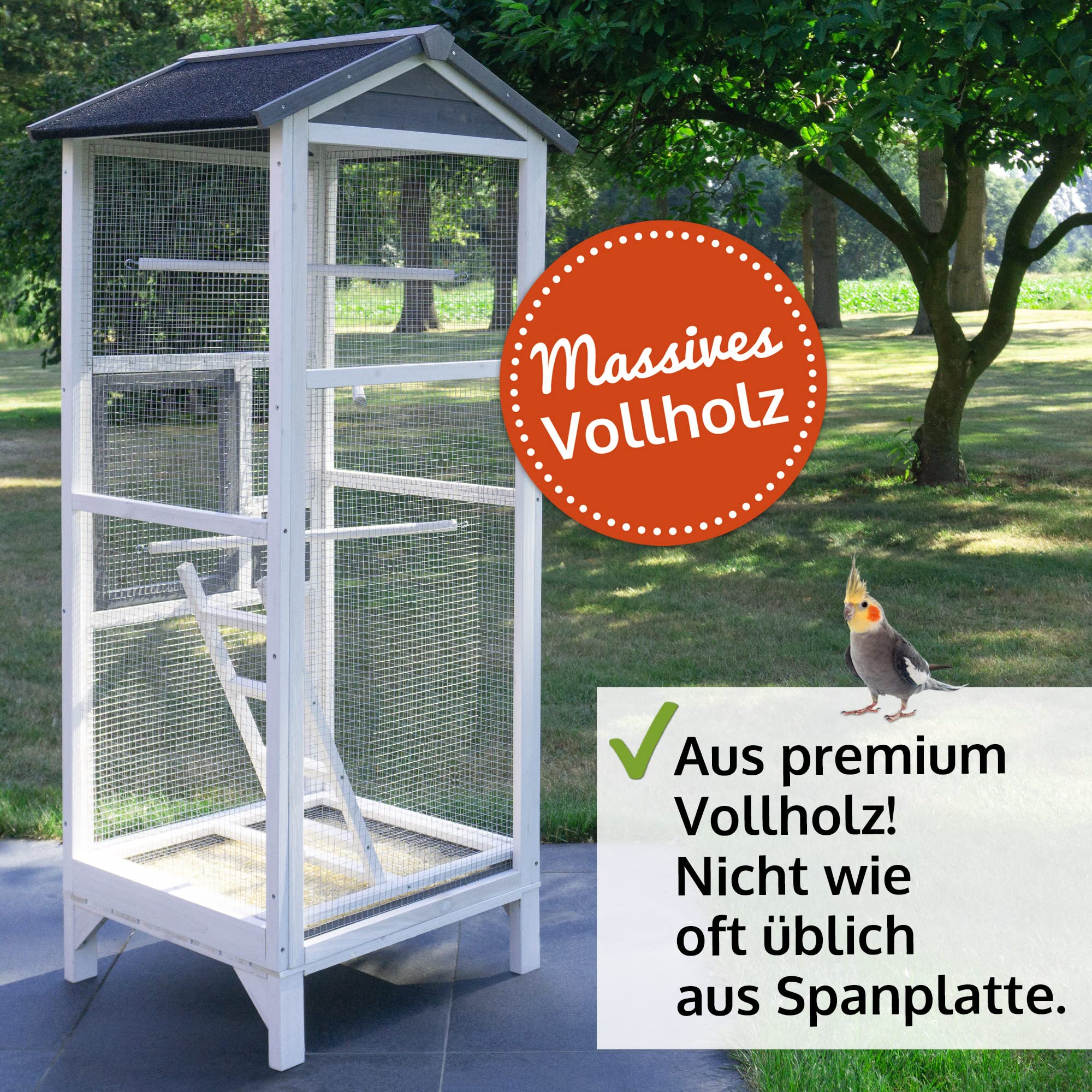zooprinz Moderne Vogelvoliere, Vogelkäfig mit Kotschublade – aus hochwertigem Vollholz und verzinktem Draht – Witte-rungsbeständig in grau-weiß lasiert – 3 Modelle zur Wahl - Premium Vogelkäfig M