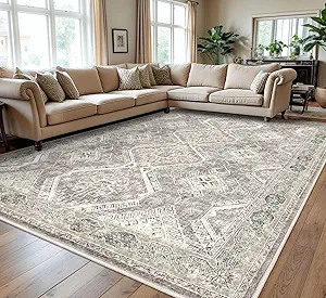 KUTA Ivory Grey Yellow Oriental Medallion Area Rugs 9x12 Living Room, Non-Slip Extra Large Rugs 9x12 for Bedroom, Washable Dining Room Carpet 9 by 12, Low-Pile Soft Printed Vintage Floral Throw