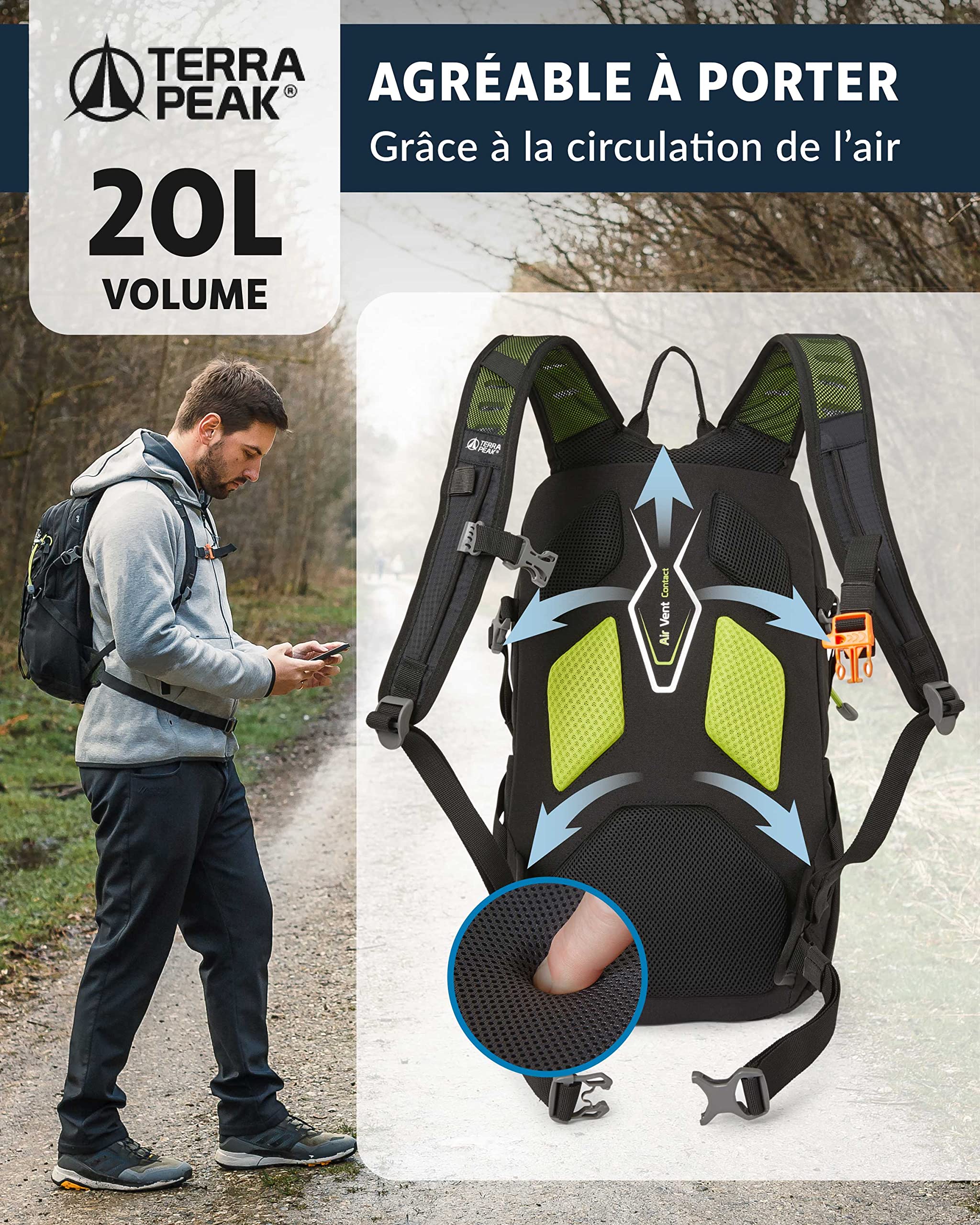 Terra Peak® Sac à dos de randonnée 20L (ACTIVE 20) petit pour femme et homme - Sac a dos de trekking, chasse et voyage (respirant, imperméable) - Sac alpinisme, escalade et de jour (ergonomique)
