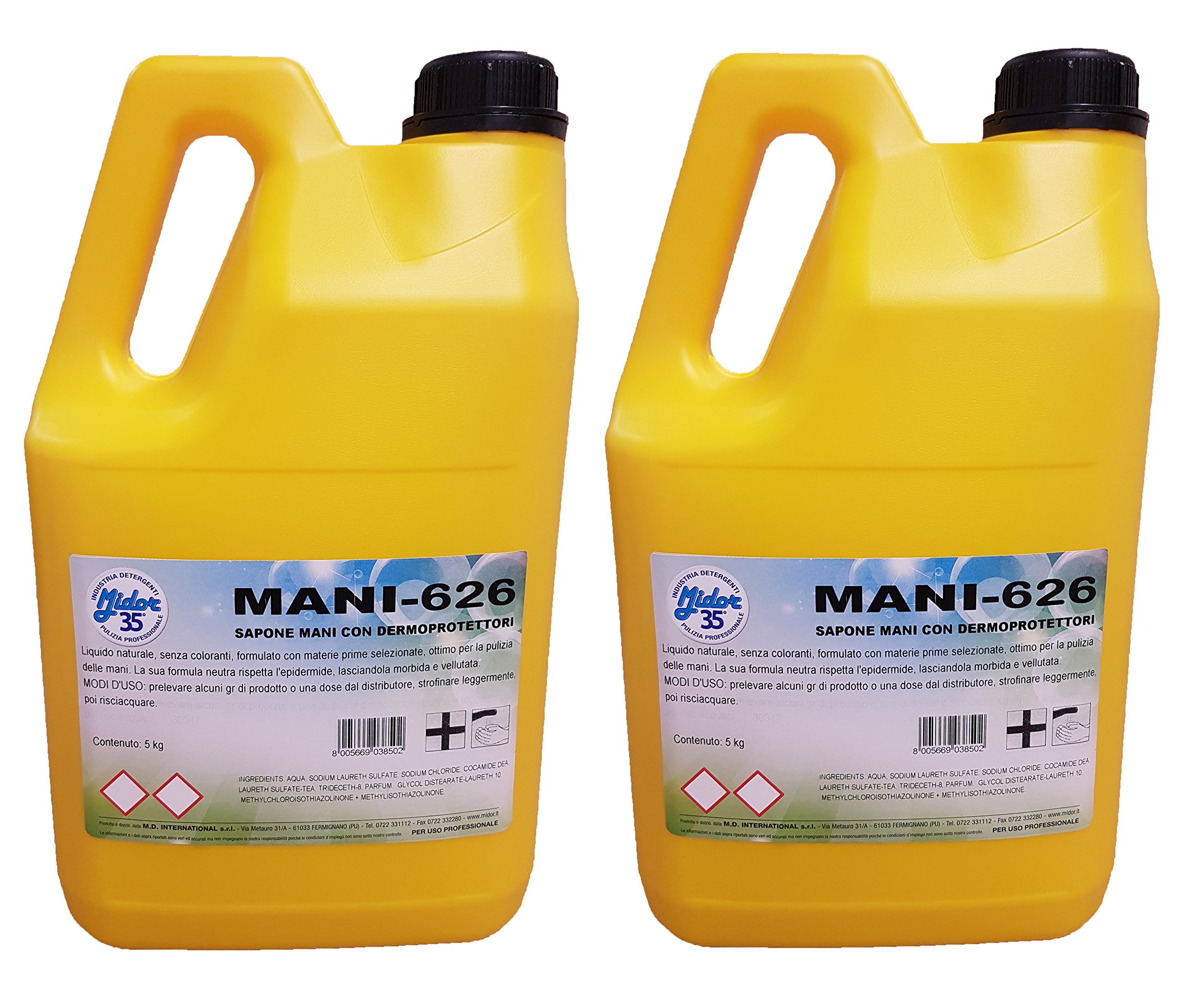 Midor Sapone Mani Liquido con dermoprotettori 10kg, Mani 626 Non secca la Pelle, Mani morbide e profumate 2x5000ml