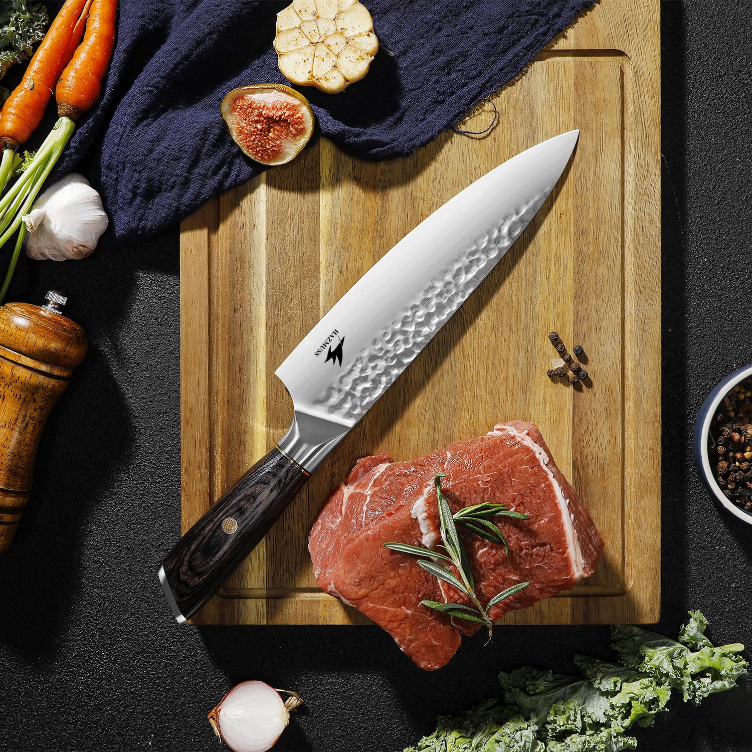 Coltello da Chef Martellato 20,5 cm, Acciaio Alto Carbonio Ultra Affilato, Manico Ergonomico in Legno Pakka, Ideale per Taglio, Tritatura e Affettatura Domestica