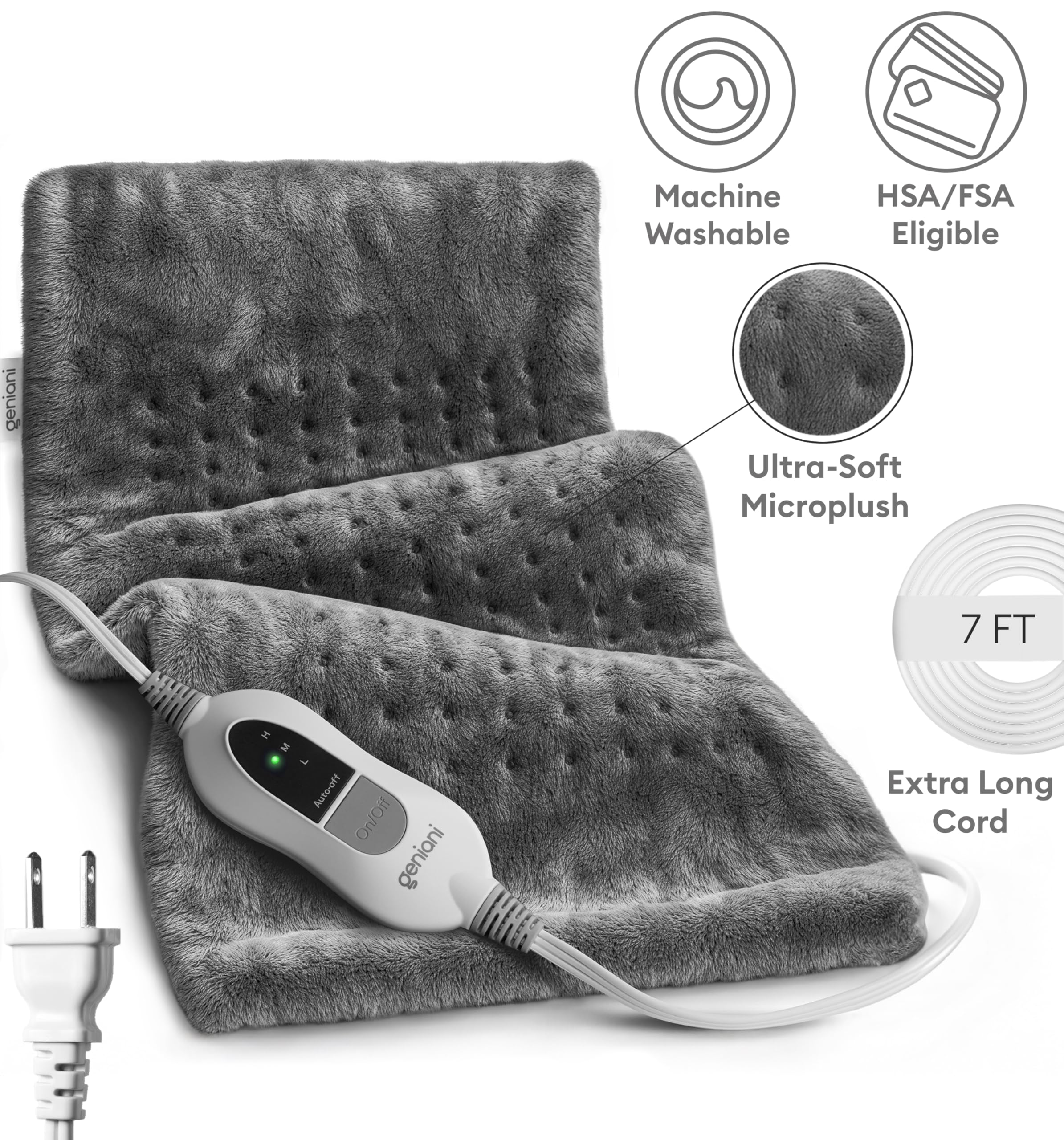 12"x24" Tabby Gray Microplush Electric Heating Pad with Auto Shut Off M2051