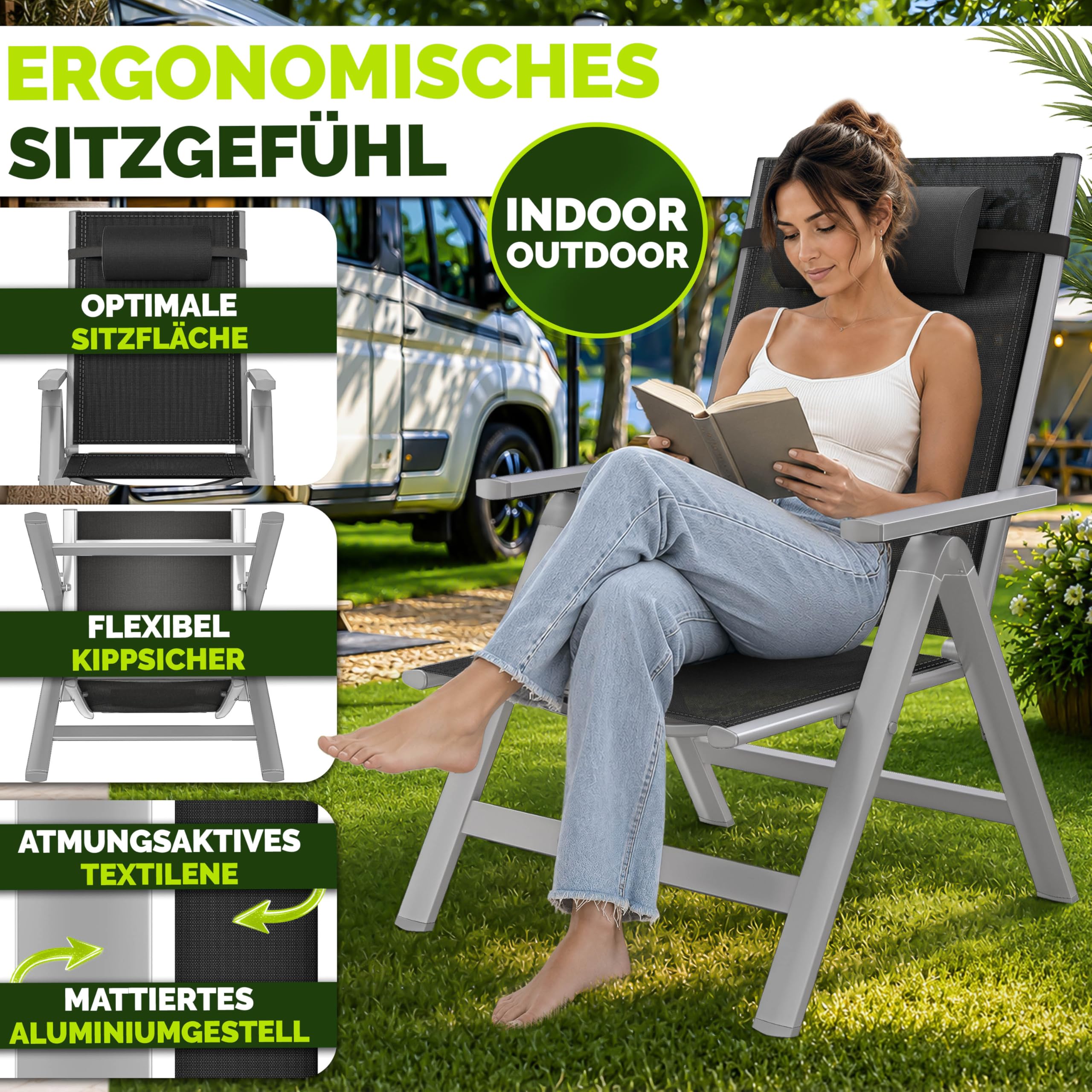 tillvex® Gartenstuhl Hochlehner 6er Set mit Kopfkissen | Klappstuhl mit Armlehnen 7-Fach Verstellbar | Campingstuhl Klappbar Wetterfest | Gartenstühle Aluminium