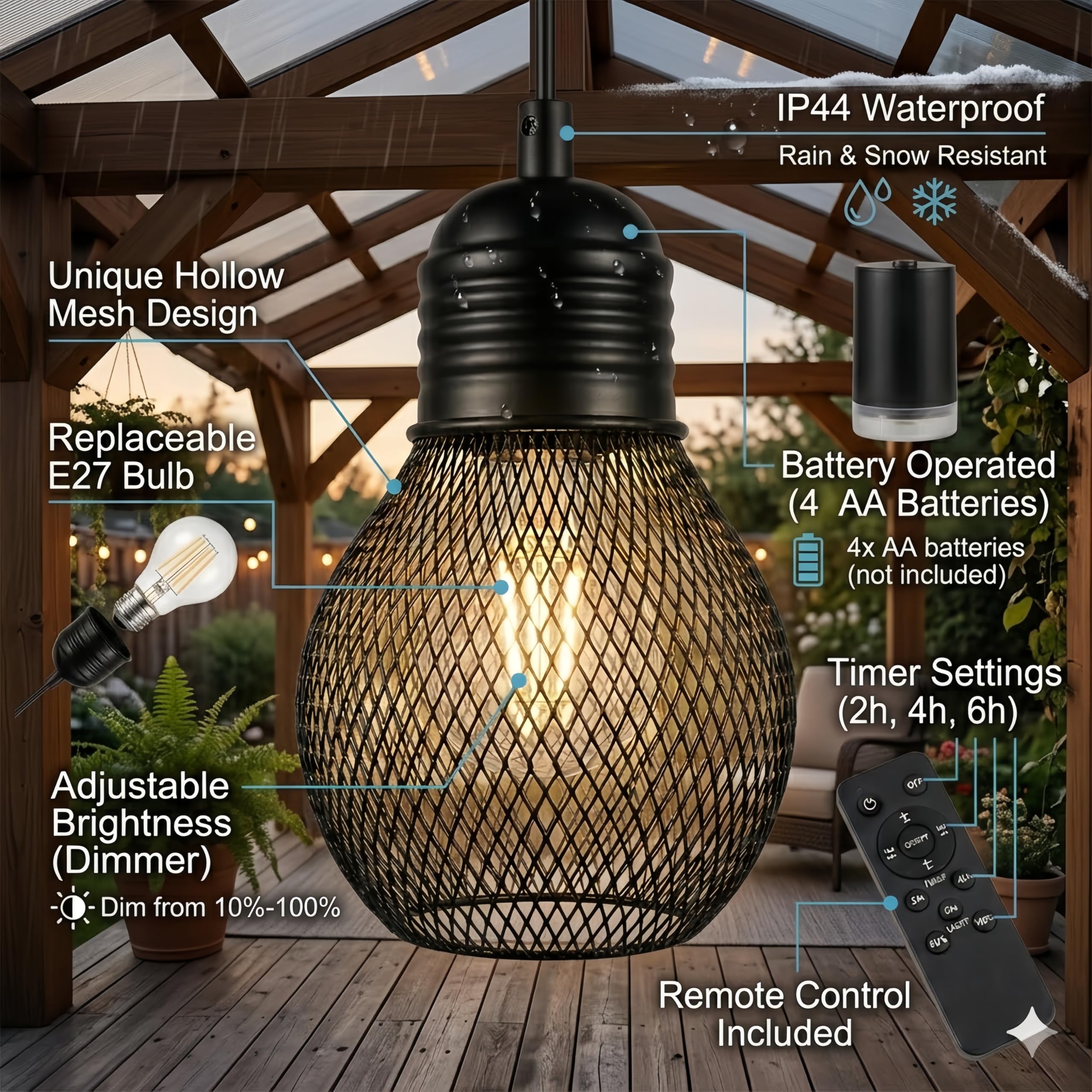 Lampada a sospensione a batteria con telecomando impermeabile, 4 batterie AA, per gazebo, pergolato, portico, patio, interno/esterno, nero