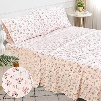 Sleepdown Queen Cotton Percale Bed Linen Set, 4Pcs, 100% Long Staple, Ultra Soft, Deep Pocket, Breathable, Floral Print, Includes Fitted & Flat Sheets, 2 Pillowcases