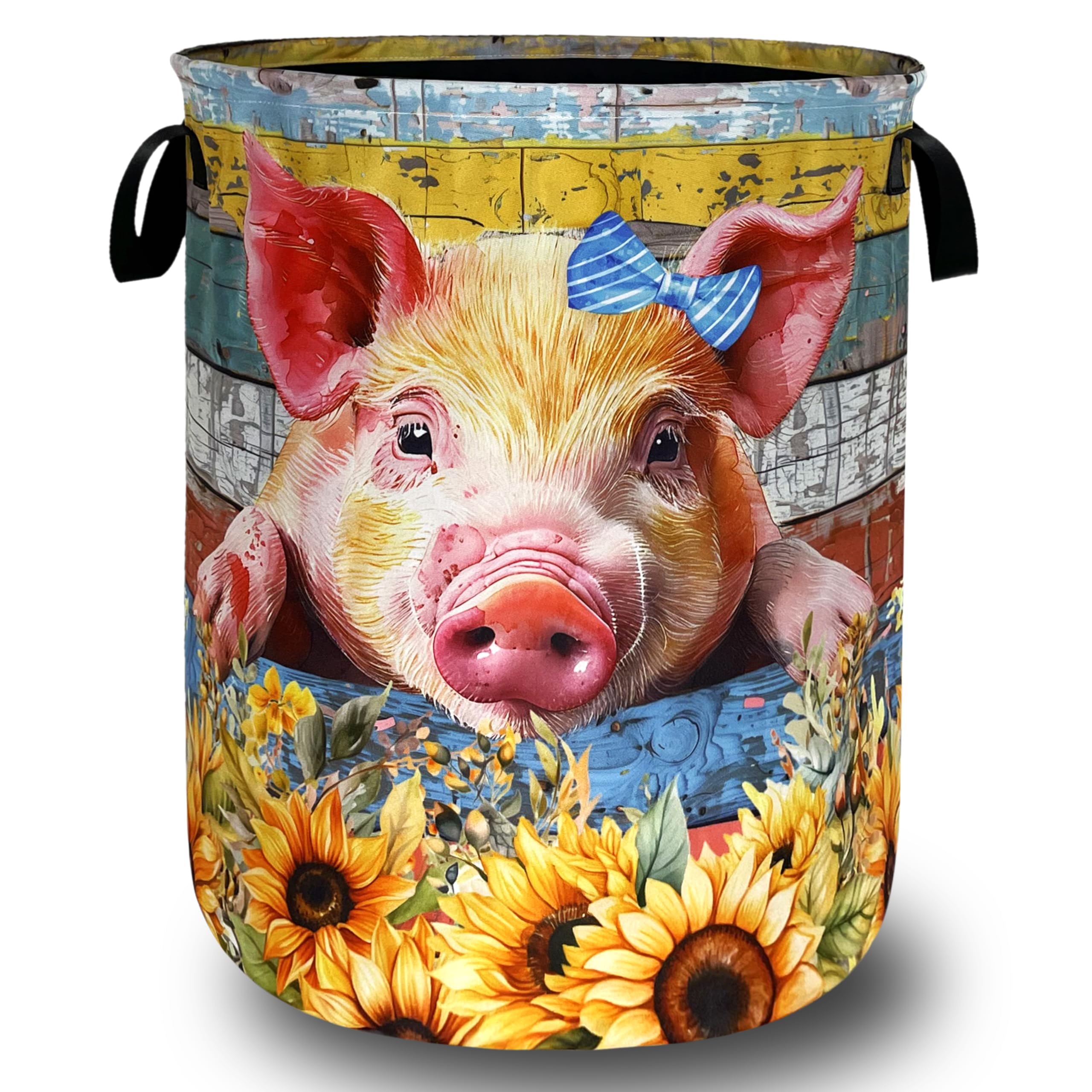 Sunflower Pig Laundry Basket Oxford Cloth Foldable Hamper 18.9x16.5 Inch