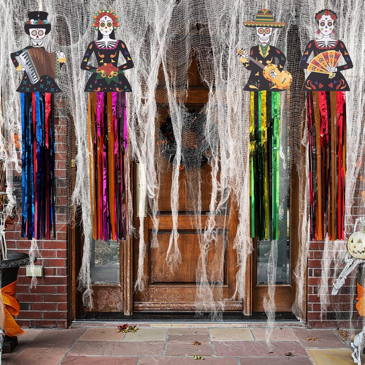4 Pezzi Decorazioni Appese Teschio di Zucchero – Dia de los Muertos, Halloween, Altar Ofrenda, Feste Messicane, Decorazione da Parete e Giardino con Nappe