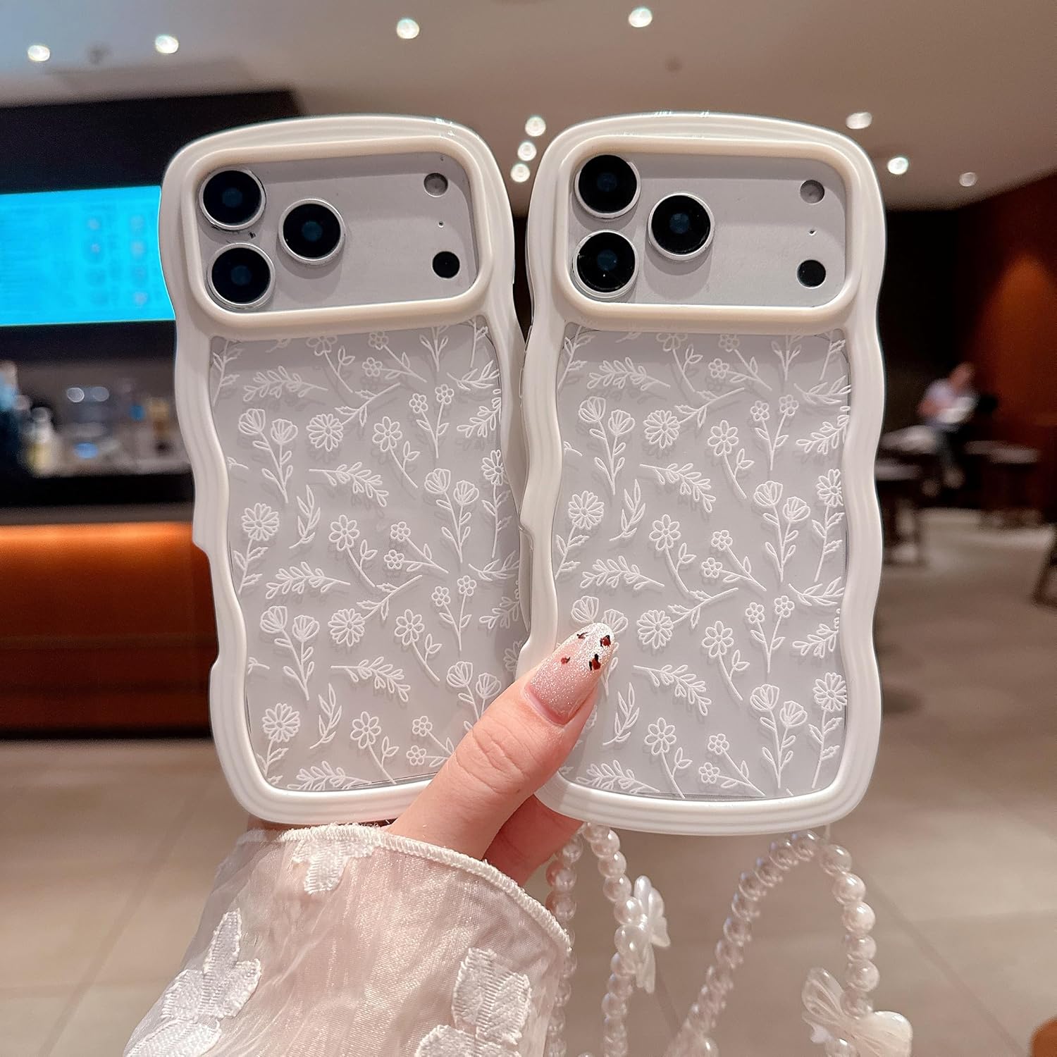 Compatible for iPhone 17 Pro Case for Women Girls,Cute Curly Wave Wavy Frame Shape Shockproof Soft TPU 2 in 1 with Bow Bracelet Flower Floral Phone Cove for Women Girl - Image 2