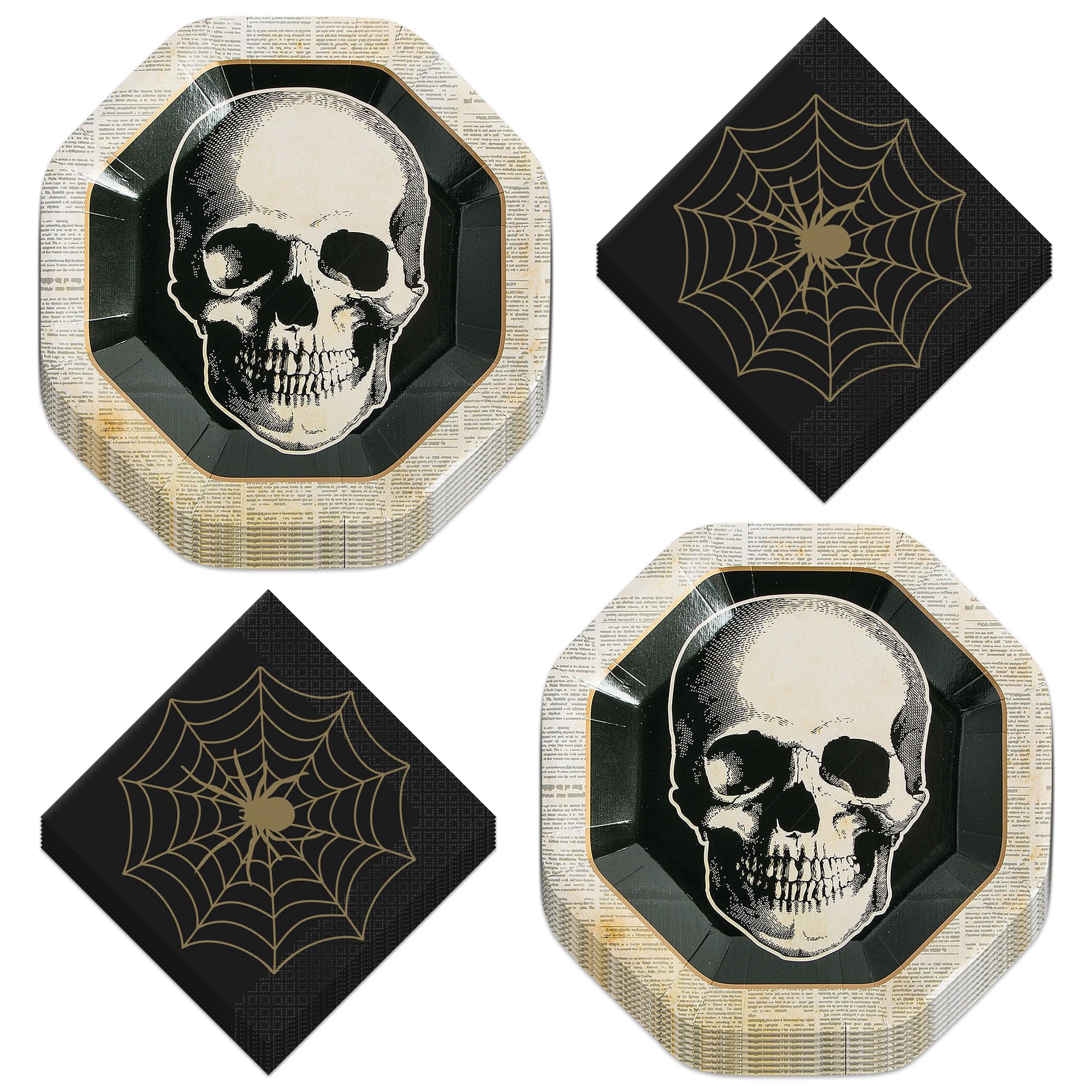 Vintage Halloween Party Supplies - Creepy Skull Dinner Size Plates & Napkins Set (Serves 16)