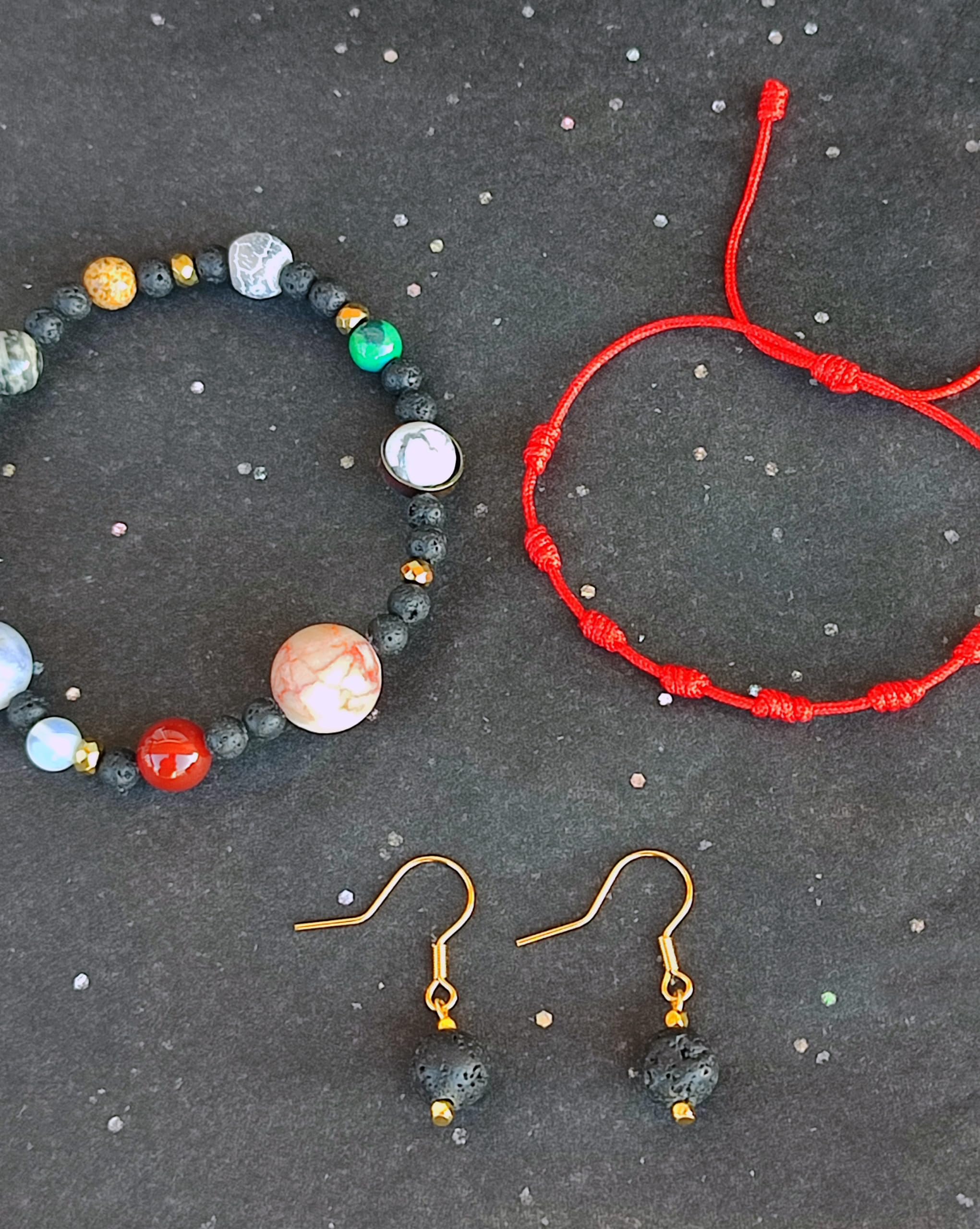 SIMBOLIKS Pulsera Planetas Universo, Galaxia, Sol, Tierra, Jupiter, Pendientes Piedra volcanica, Piedras Curativas, Yoga, MineralesPulsera de los 7 Nudos de Regalo