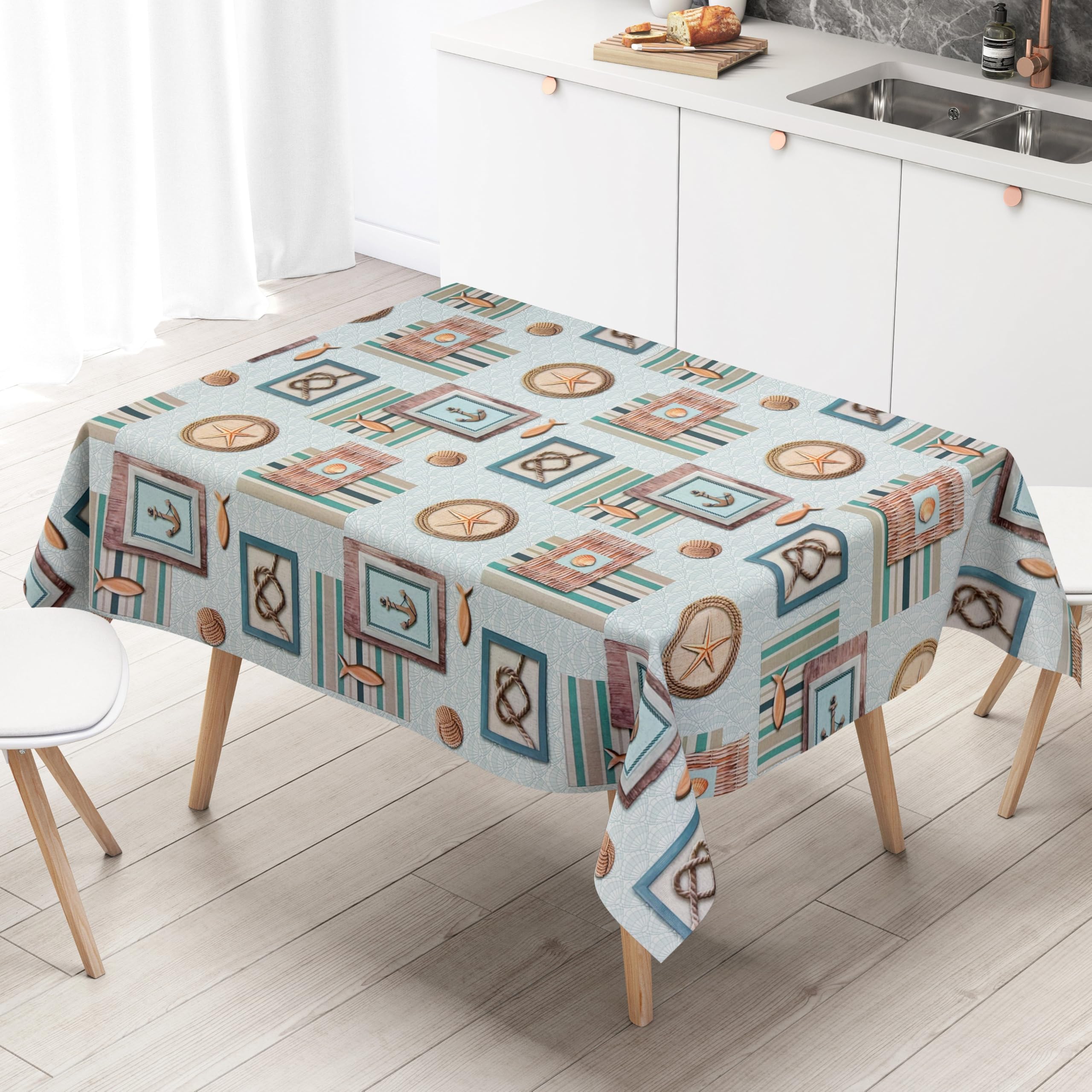 KEVKUS Wachstuch Tischdecke 160 cm Breite P8142-1 maritim Anker Muschel wählbar in eckig, rund und oval - Größe oval 160x180cm mit Paspelband