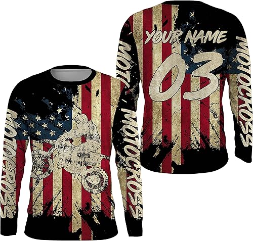 Miniatura 10 de Camiseta de motocross con la bandera estadounidense UPF30+ personalizada patriótica para adultos y jóvenes
