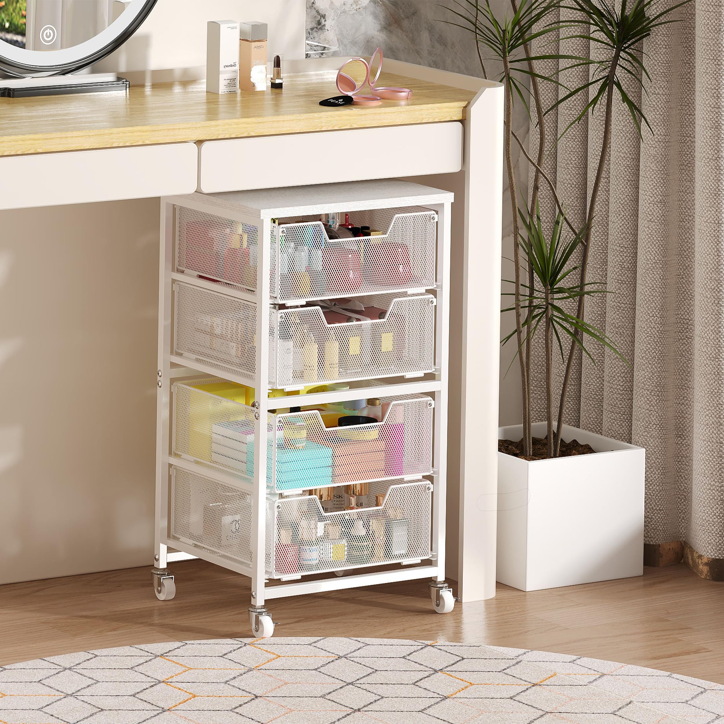 Aufbewahrungswagen aus Metall für Kunst und Handwerk, 4 Schubladen, Rollwagen mit abschließbaren Rädern und Holztischplatte, Kunsthandwerksbedarf für Klassenzimmer, Büro, Make-up, Küche, Schlafzimmer