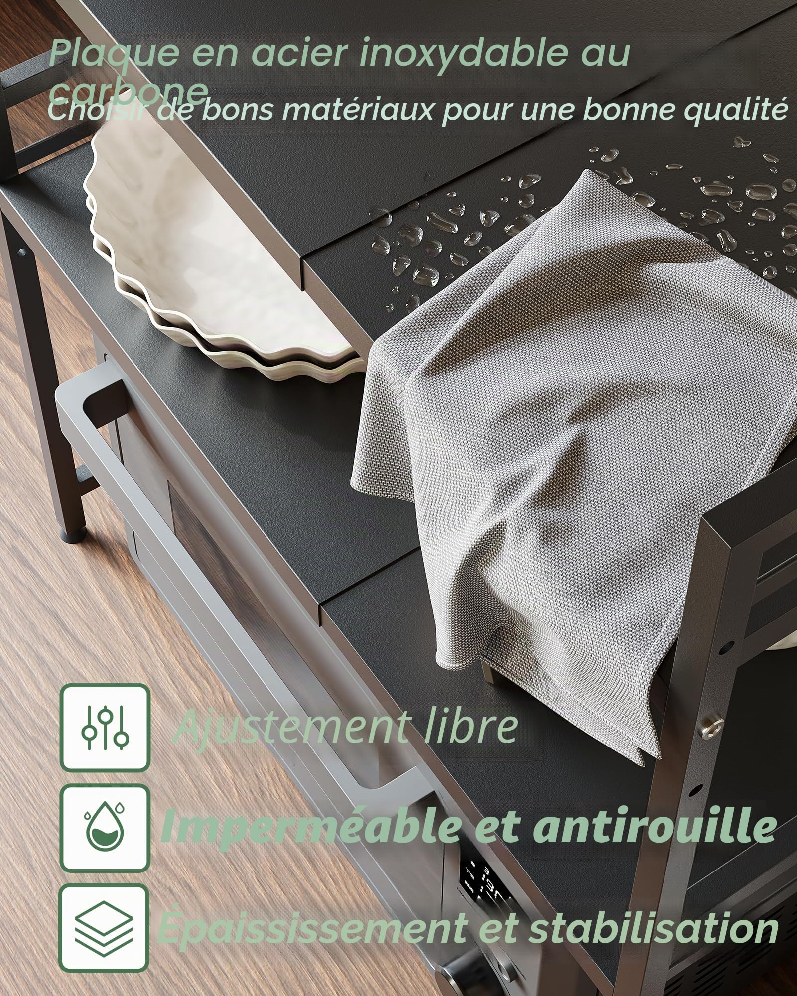 NETEL Support Micro-Ondes 2 Niveaux Extensible, Étagère Plan Travail pour Four, Rangement Micro-Ondes avec Crochets, Noir