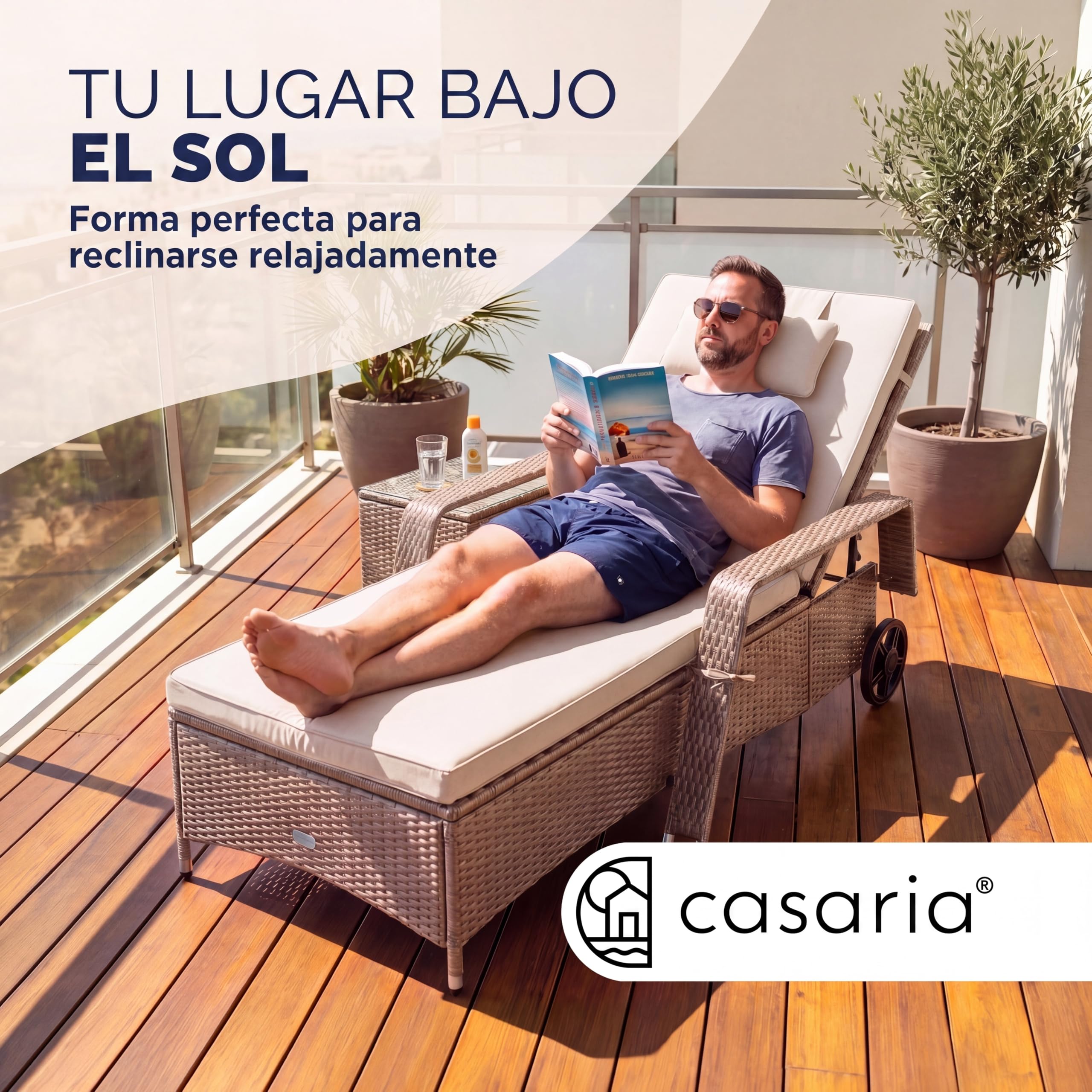 CASARIA® Tumbona Jardín Poliratán hasta 160kg 193x90cm Respaldo Regulable Acolchado 7cm Cojín 2 Ruedas Crema | Tumbona de jardín, resistente a la intemperie, soporta 165 kg, terraza, balcón, tumbona reclinable, polirratán