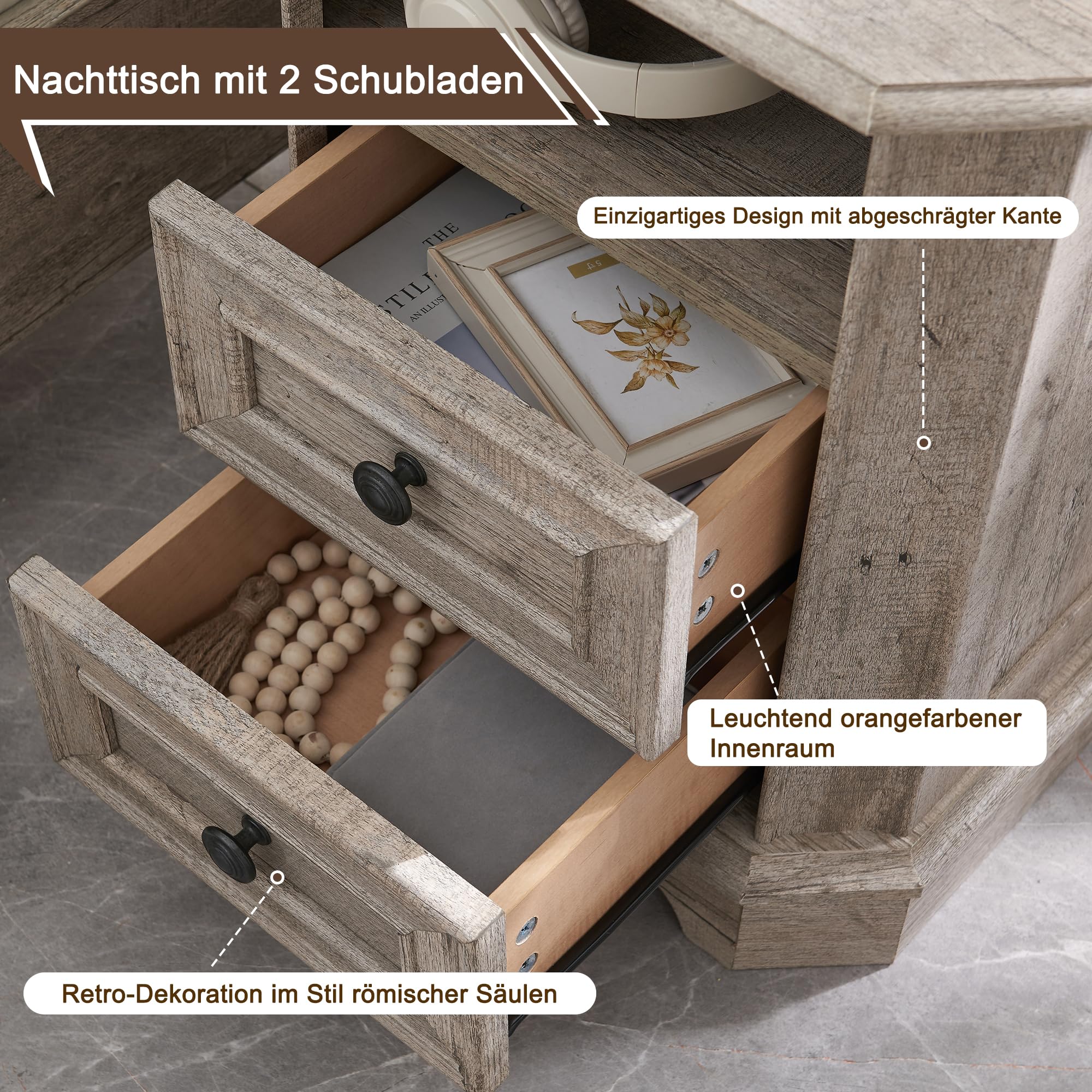 Comodino in stile rustico con stazione di ricarica, 45 cm, con 2 cassetti, in legno, per camera da letto e soggiorno (rovere rustico chiaro)