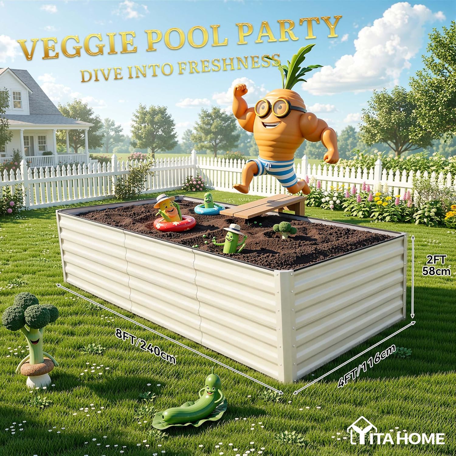 YITAHOME 8x4x2ft Large Raised Garden Bed Kit, Galvanized Metal Planter Box with Gloves, Support Rod & Safety Rubber, Outdoor Above Ground Planters for Plants Vegetables Flowers, Cream Yellow