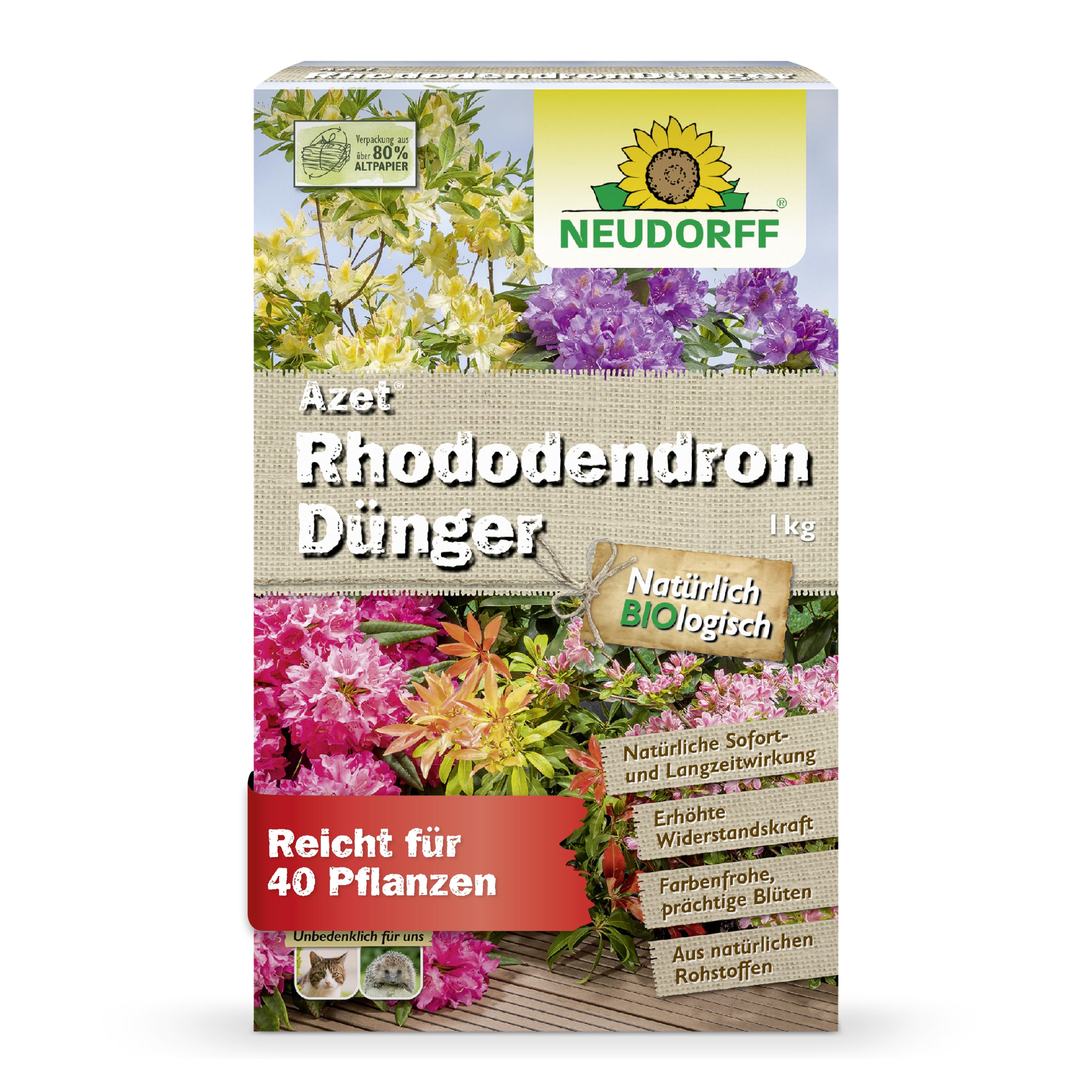Neudorff Azet RhododendronDünger – Bio Rhododendrondünger mit Mykorrhiza sorgt für farbenfrohe und prächtige Blüten mit 3 Monaten Langzeitwirkung, 1 kg