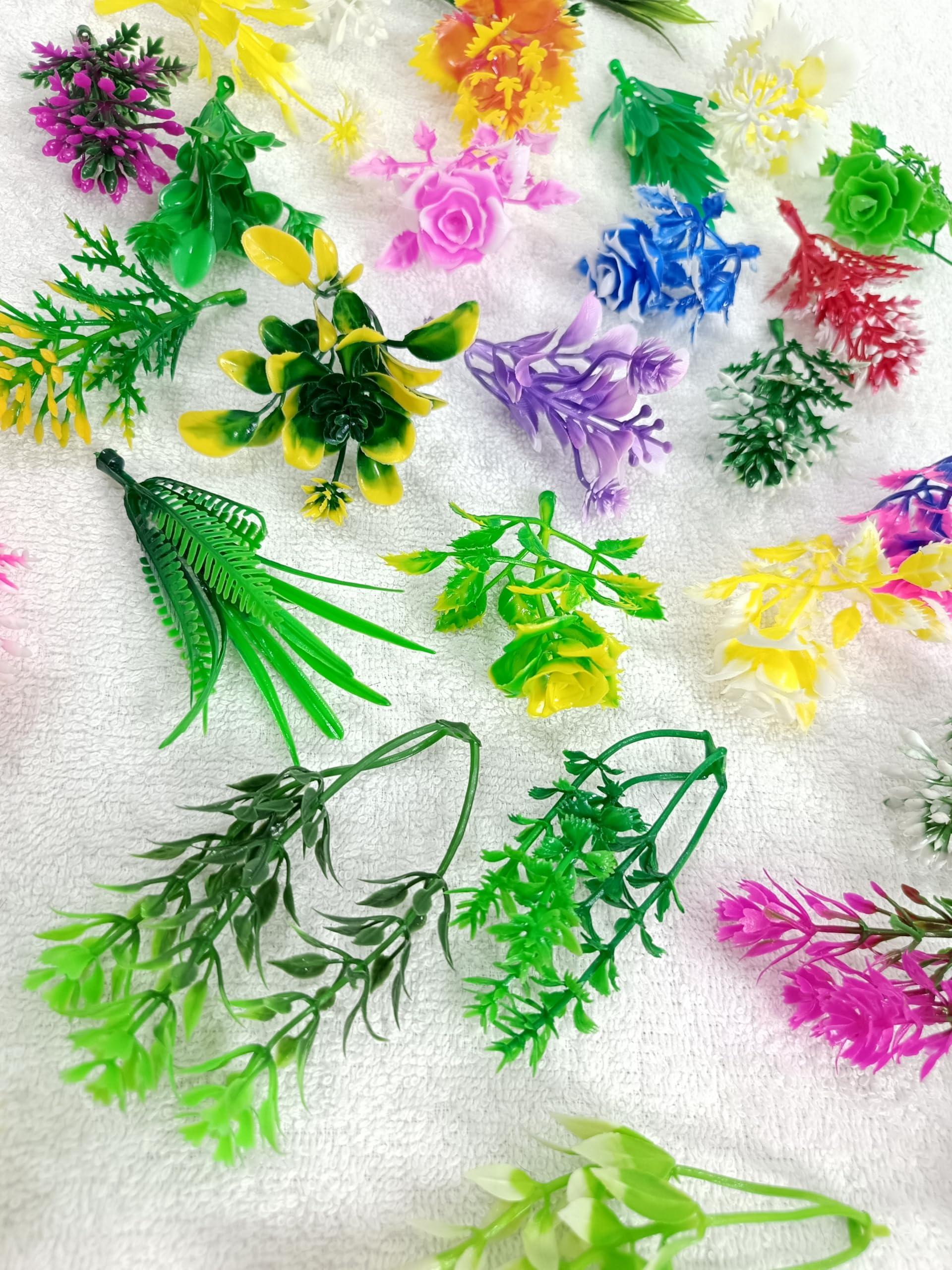 Artificial 100Pcs Colorful Flower & Greenery Filler Set Mixed Fake Plastic Flowers & Leaves for Vase, Home Décor, Wedding, Festival & DIY Craft Decoration(Pack of 100)