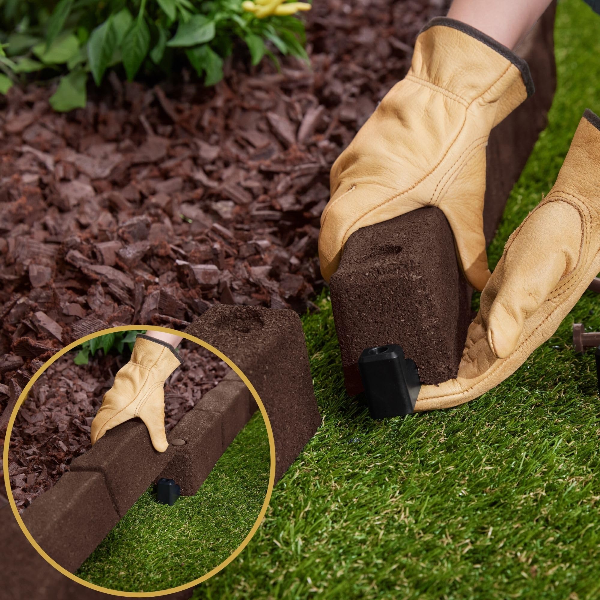 Rubberific 4' Rubber Cobblestone Flexible No Dig Landscape Mulch Border Edging with Anchoring Spikes for Lawns, Gardens, and Flower Beds - 4 Pack (Brown)