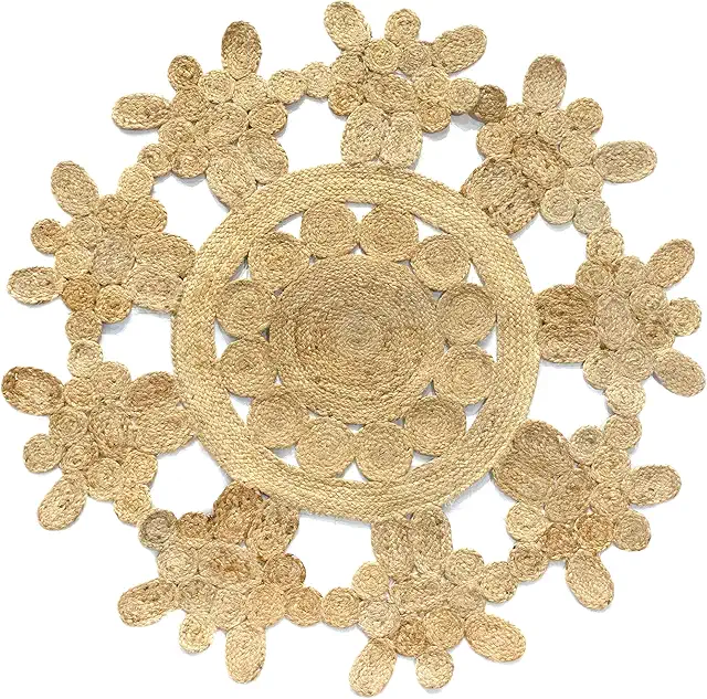 Hand Woven Jute Round Rug - White & Natural 125x125cm