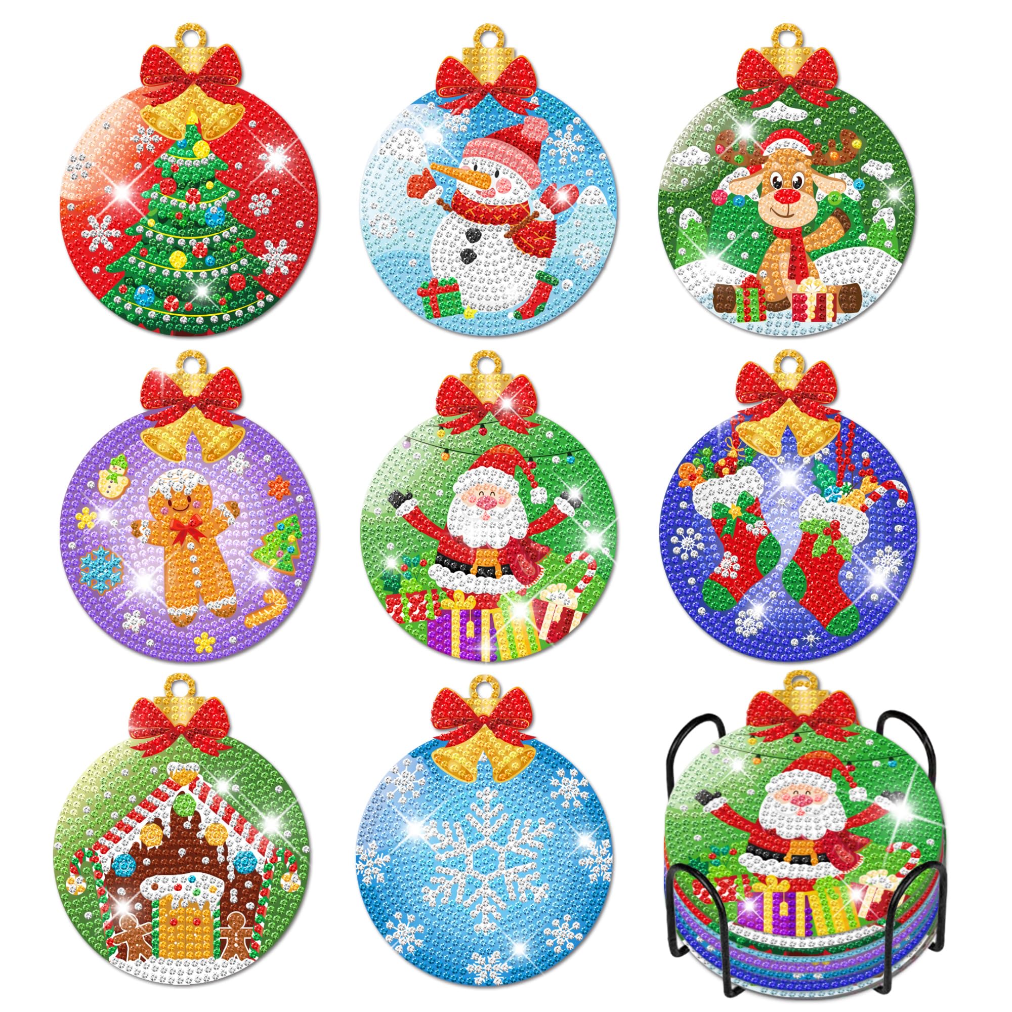Christmas Diamond Painting Coasters, 8Pcs 5D DIY Diamond Art Coasters with Holder, Christmas Ball DiamondS Painting Art Kits for Adults Kids, Diamonds Arts and Crafts Supplies Gift for Beginners