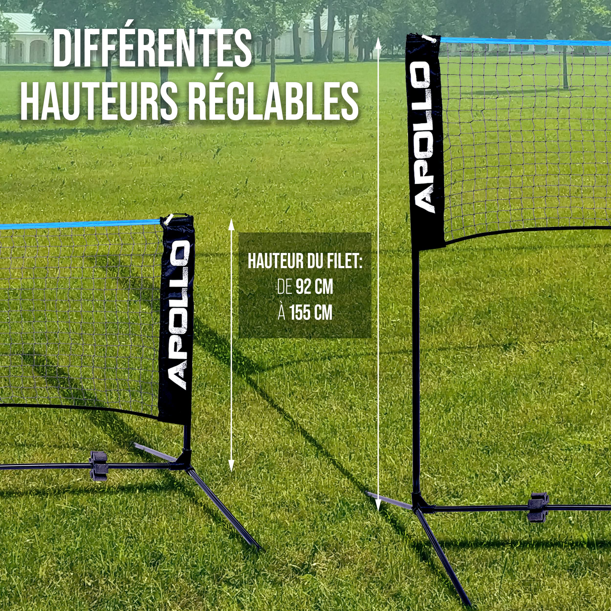 Apollo Filet Badminton | Filet de Volley Ball | 300cm | 400cm | 500 cm | Filet de Badminton Réglable, Set avec Filet de Sport, 3 Volants, Support en Acier, Sac de Transport, Intérieur et Extérieur